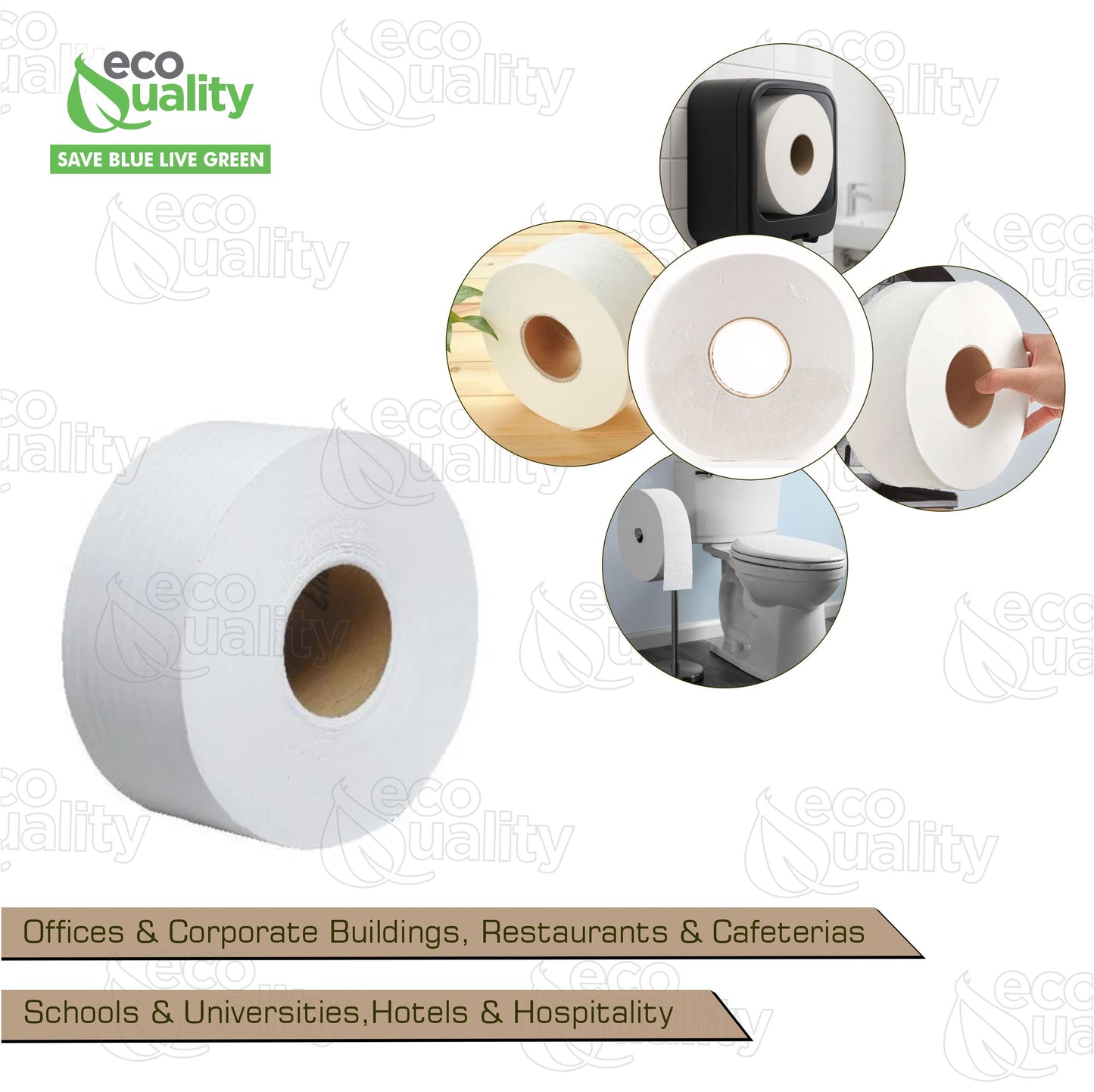 9" Diameter Toilet Paper Jumbo Roll Bathroom Tissue - 2-Ply White 1000 Feet Per Roll