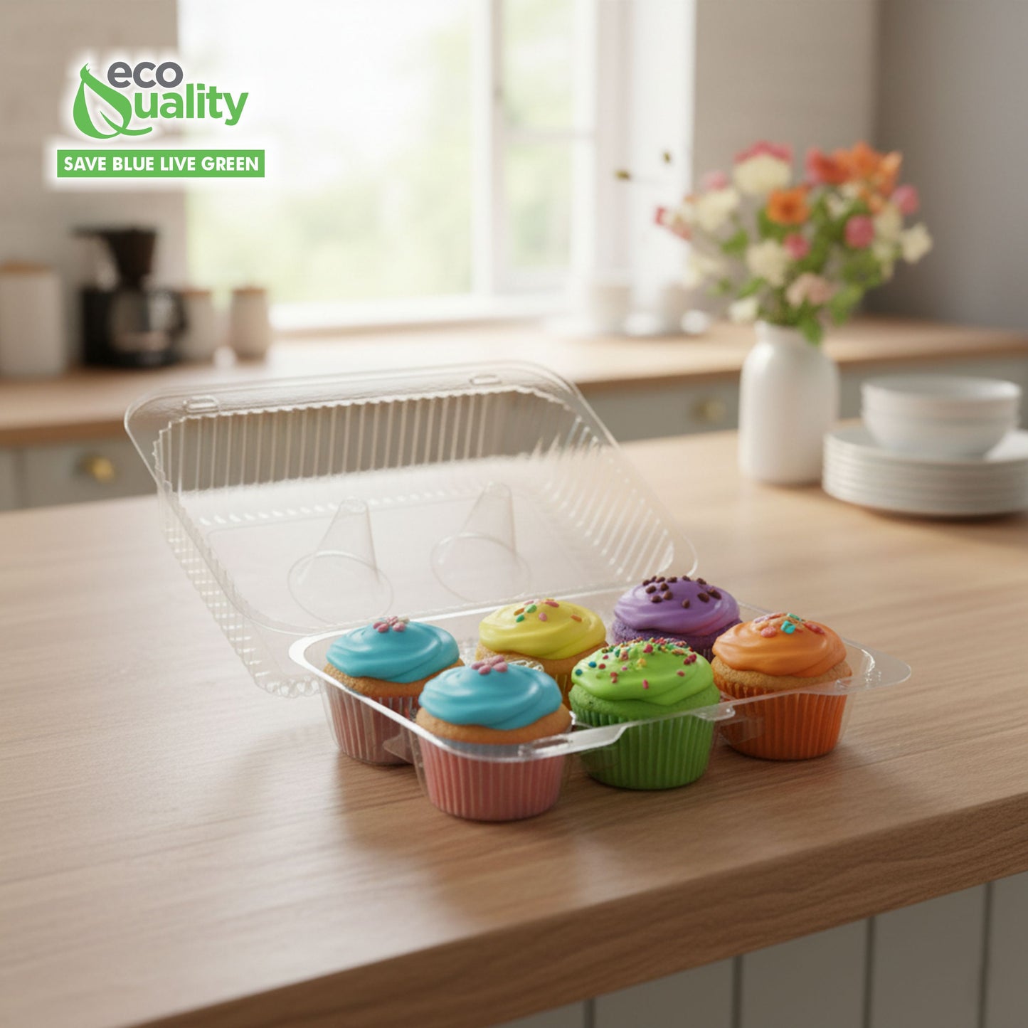 Clear Plastic 6 Compartment Muffin Containers - Disposable Cupcake Holder Boxes with Hinged Design