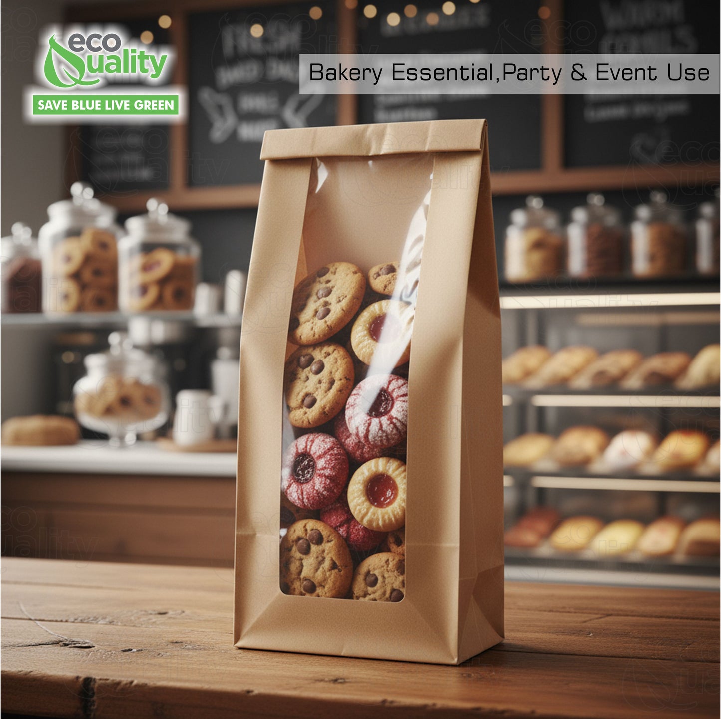 Brown Kraft Bakery Bag with Clear Window 11 x 7.1 inches for Cookies, Pastries, Sandwich, Nuts - Grease Resistant