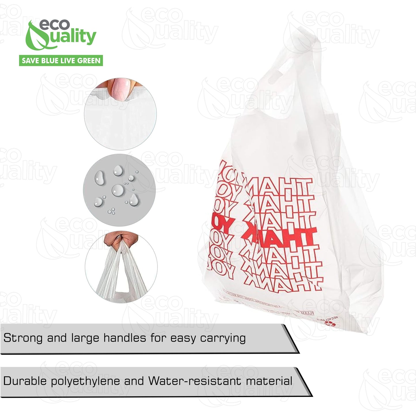 Medium 1/ 8 Plastic White Thank You T-Shirt Bags, 17" x 6" Reusable Recyclable Shopping Bags