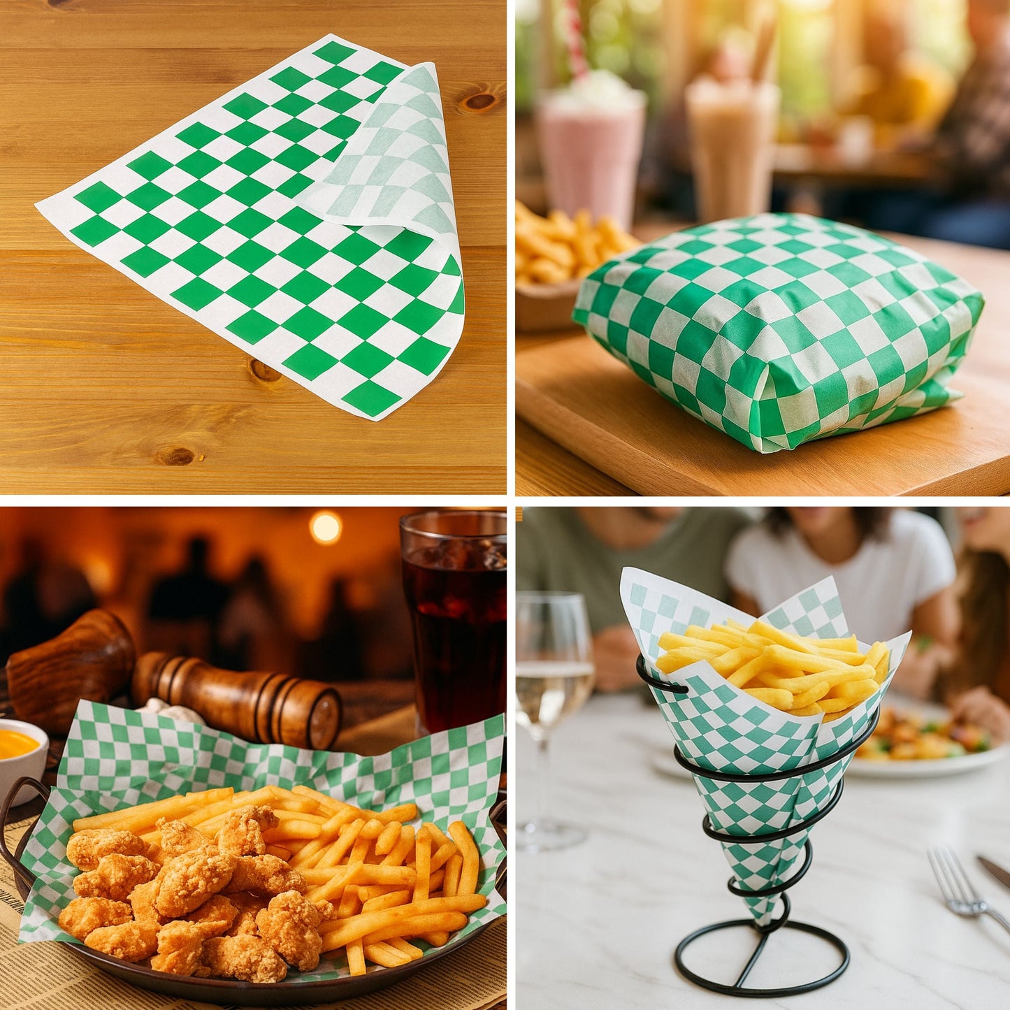 Green checkerboard food basket liner sheets grease resistant 12x12