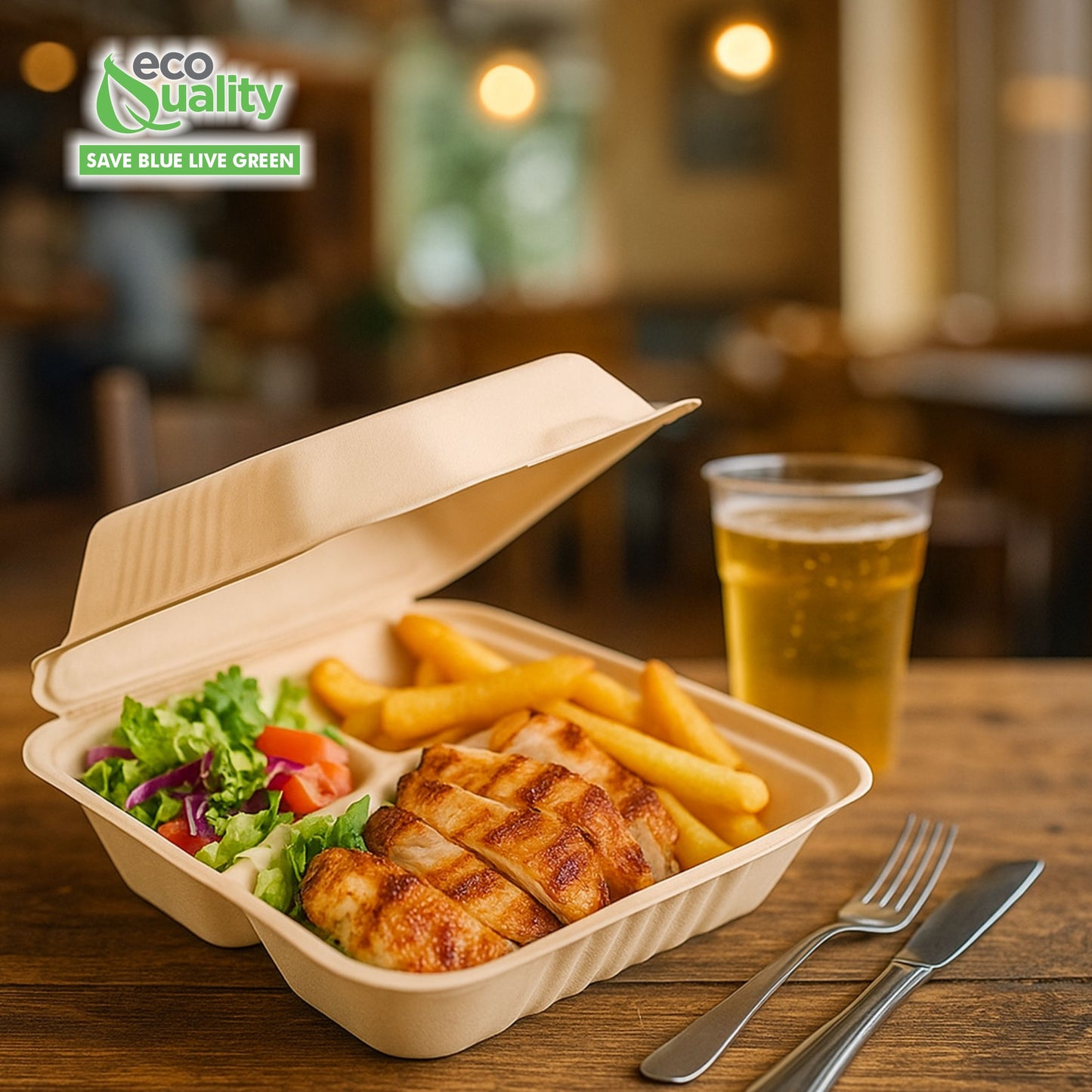 3 Compartment Compostable Hinged Clamshell Take Out Containers