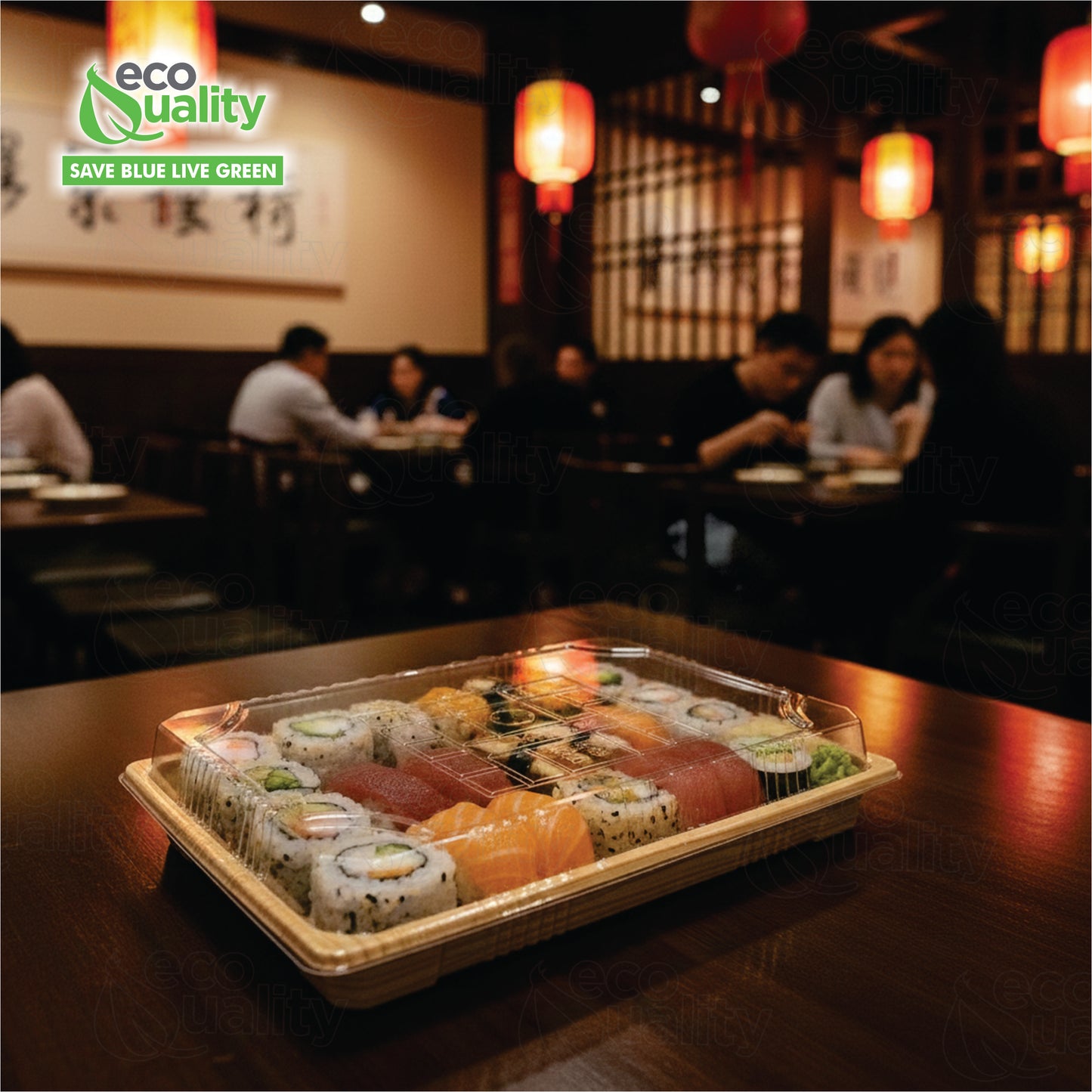 Rectangular bamboo look sushi container with clear plastic lid for takeout
