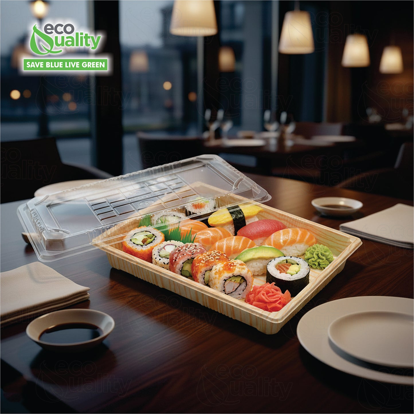 Rectangular bamboo look sushi container with clear plastic lid for takeout