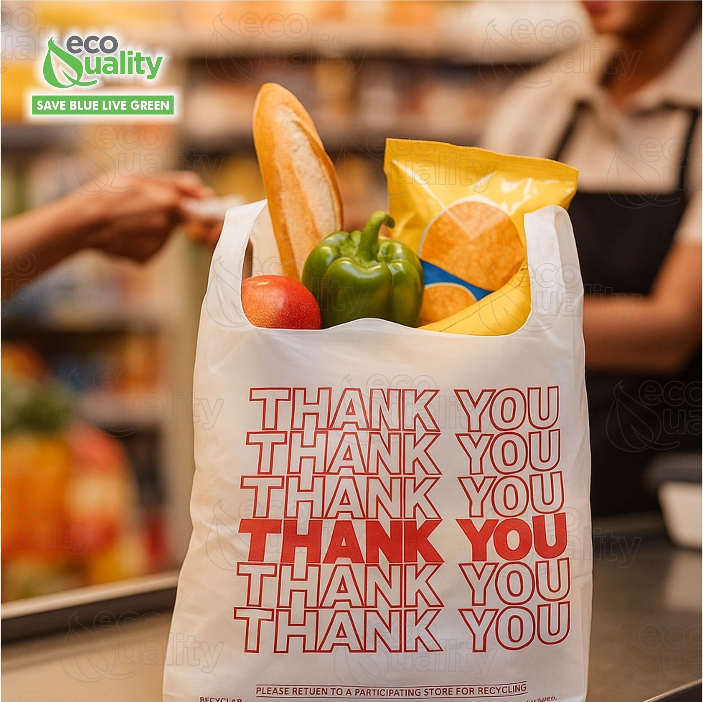 Medium 1/ 8 Plastic White Thank You T-Shirt Bags, 17" x 6" Reusable Recyclable Shopping Bags