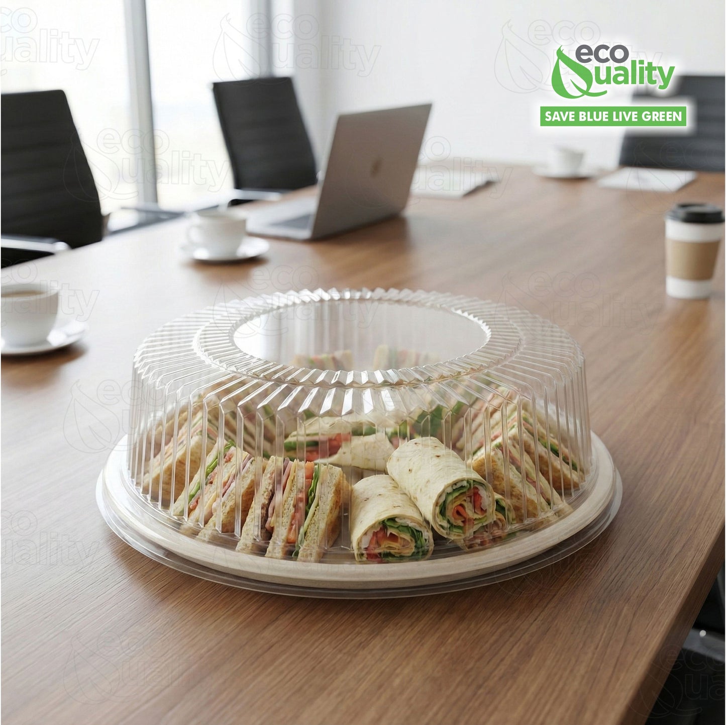 Round twelve inch sugarcane bagasse catering tray with clear plastic dome lid for food display