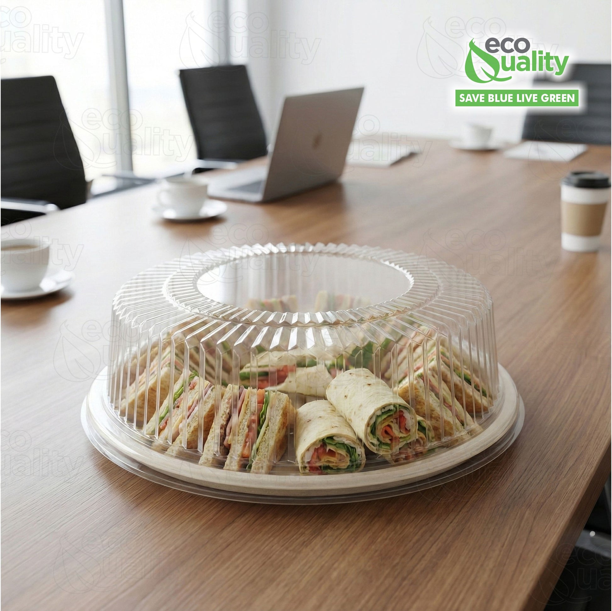Round twelve inch sugarcane bagasse catering tray with clear plastic dome lid for food display