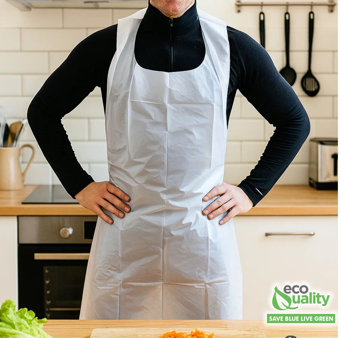 EcoQuality Disposable/Reusable White Plastic Aprons 28" x 46" Durable, Heavy, Waterproof Polyethylene, for Cooking, Painting, Gardening, Men & Women