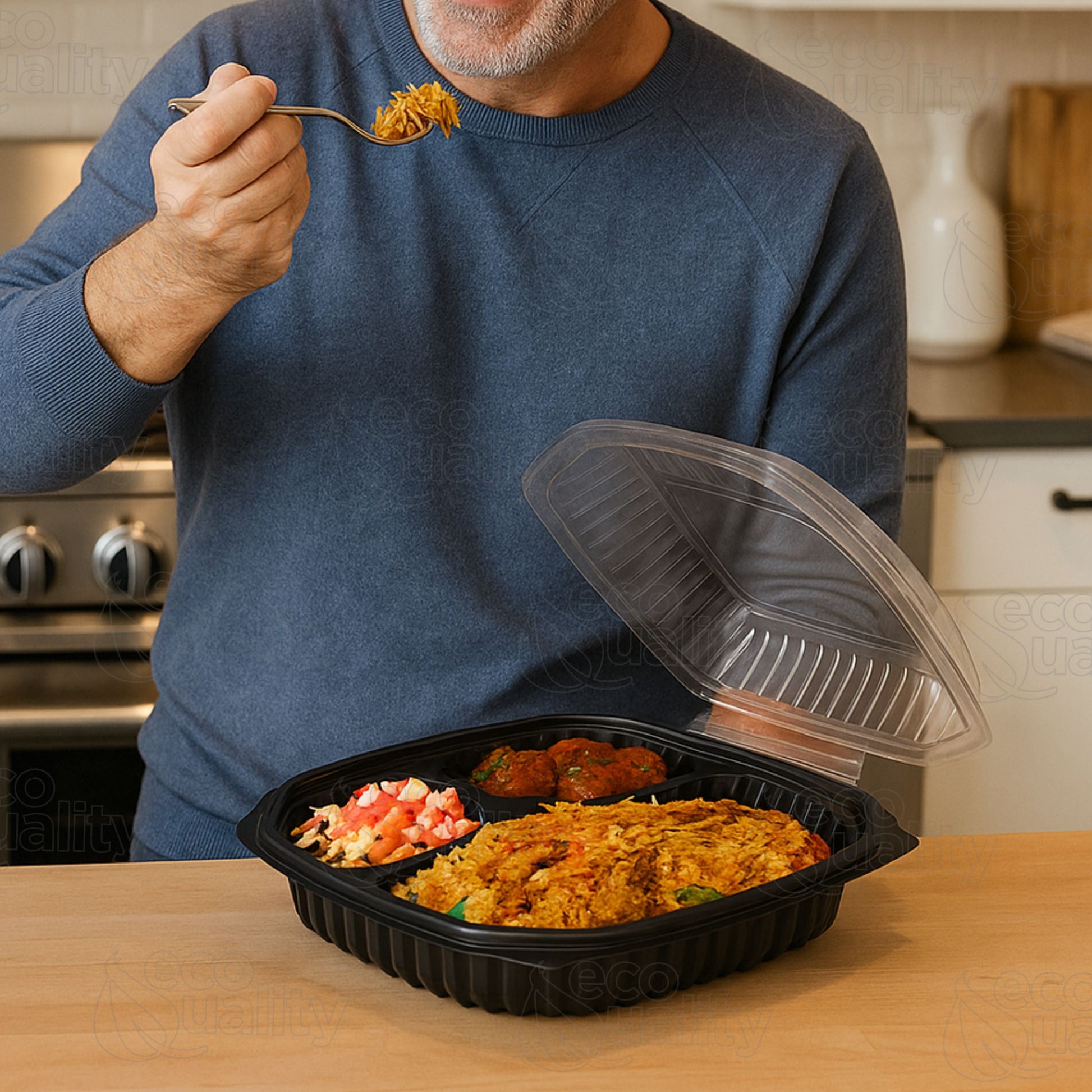 EcoQuality 3 compartment bagasse clamshell takeout box 10.5x9.5x3 inches