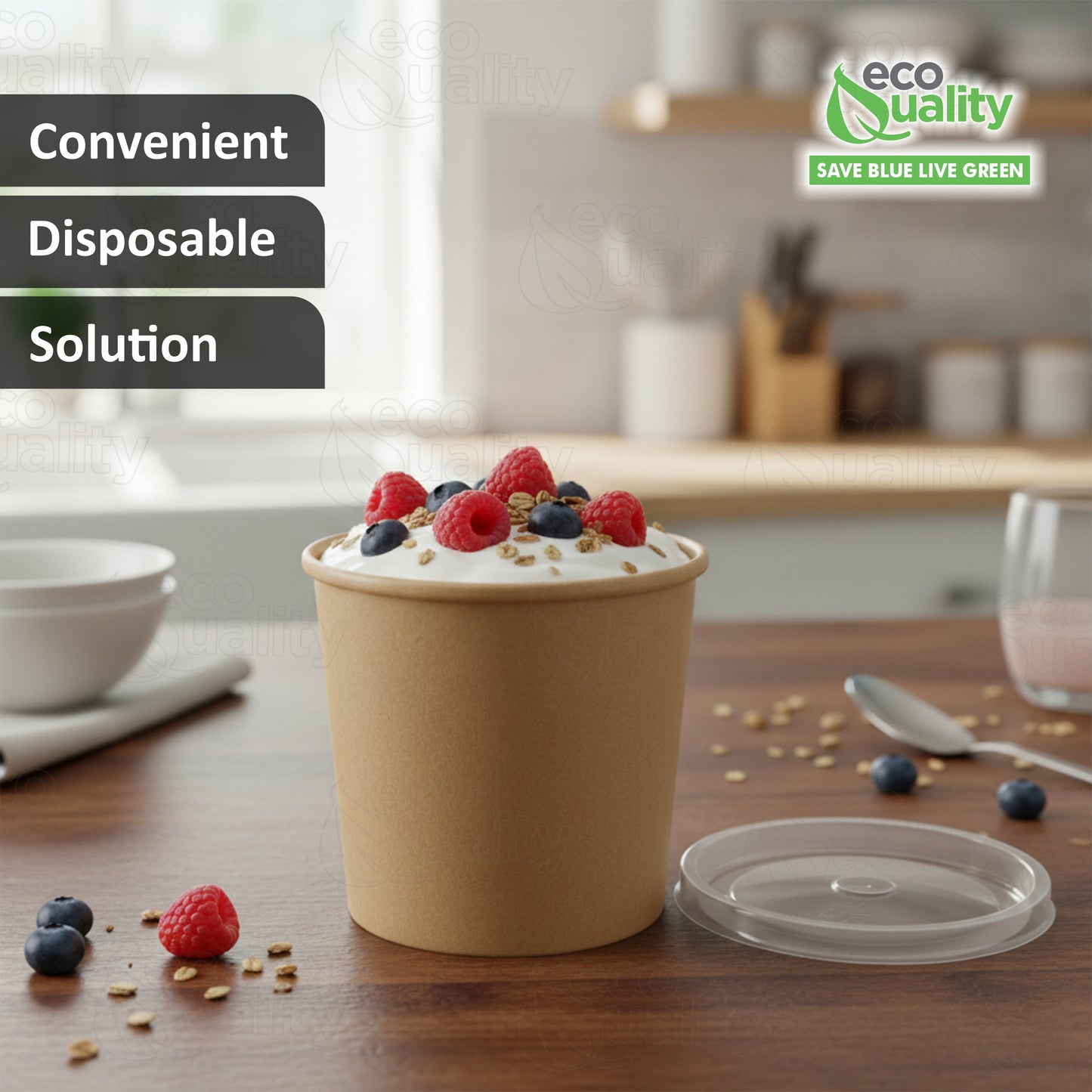 Disposable Kraft Paper Soup Containers with Plastic Lids - Kraft Paper Ice Cream Containers / Yogurt Cups with Plastic Lids (8oz, 12oz, 16oz)