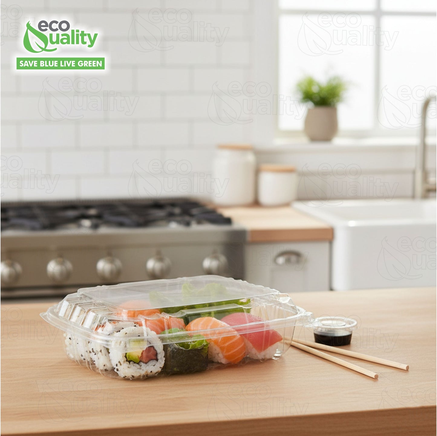 8" x 8" x 3" Clear Hinged Lid Clamshell Plastic Container, Single Compartment Take out Containers