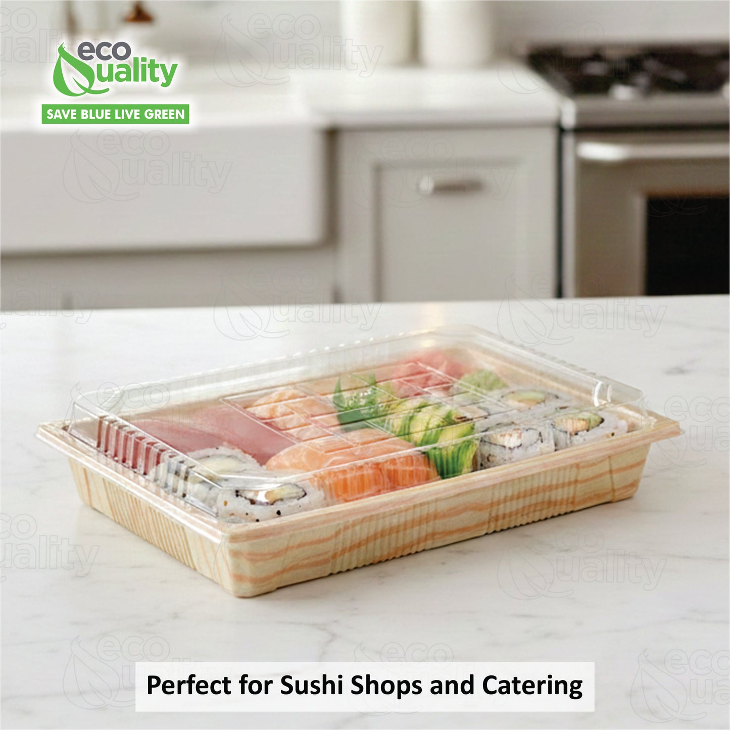 Rectangular bamboo look sushi container with clear plastic lid for takeout