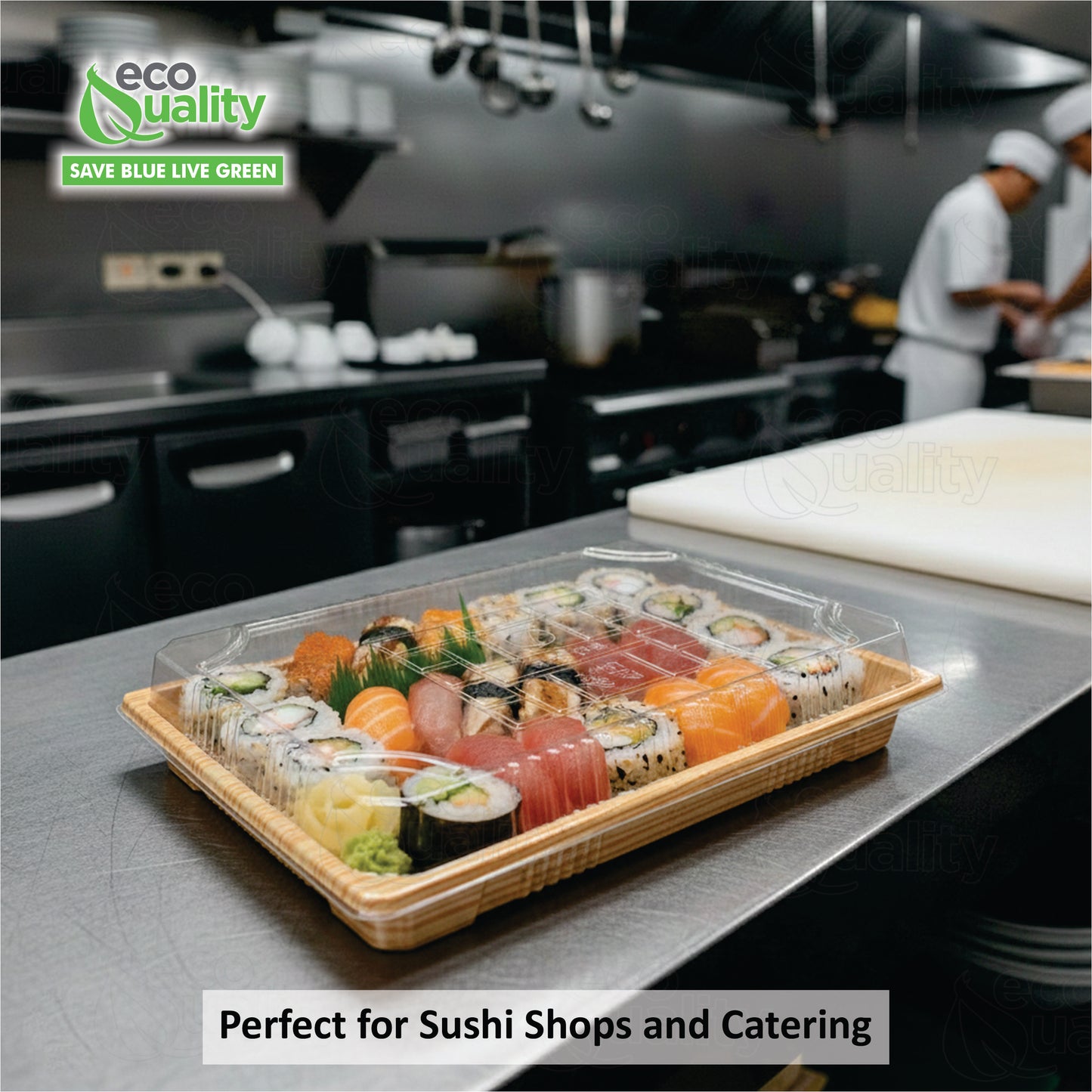 Rectangular bamboo look sushi container with clear plastic lid for takeout
