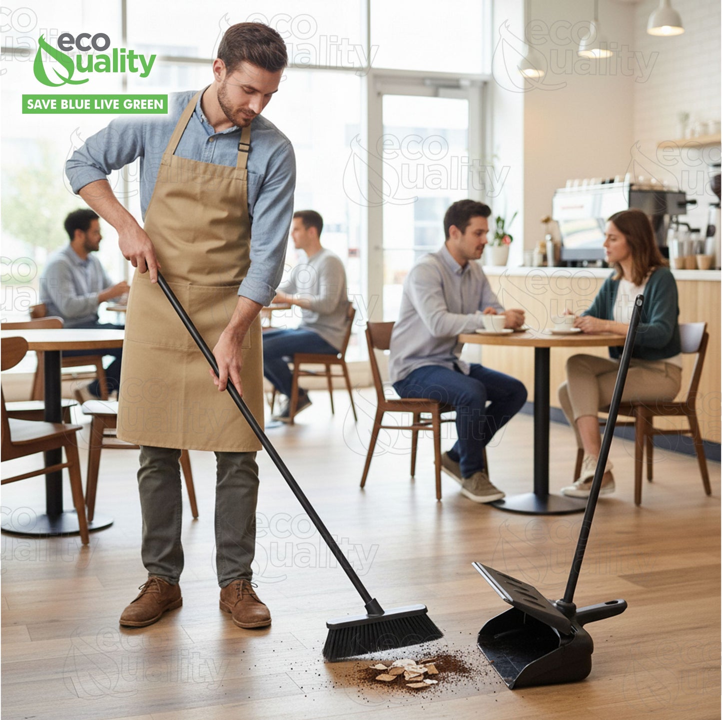 Pivoting Plastic Lobby Dust Pan with Plastic Handle with Cover 38" Length Black