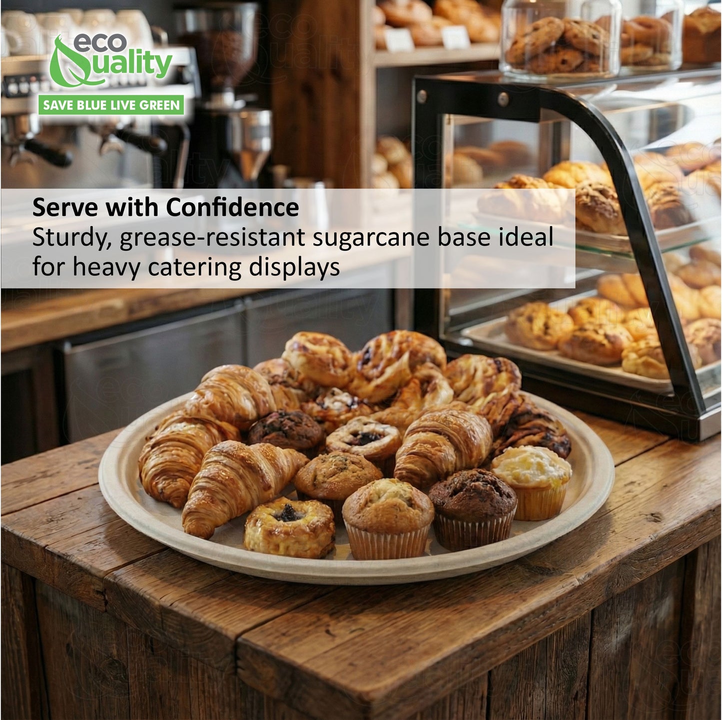 Round twelve inch sugarcane bagasse catering tray with clear plastic dome lid for food display