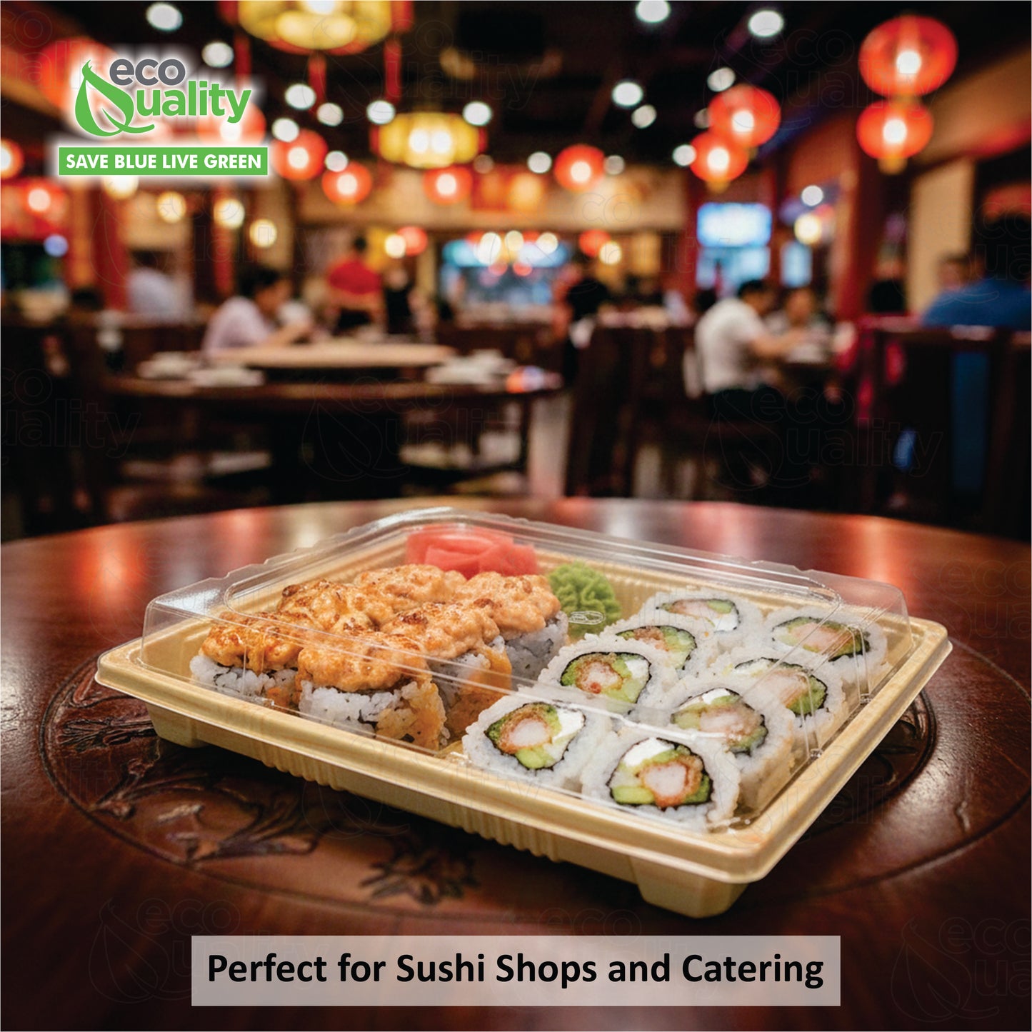 Rectangular bamboo look sushi container with clear plastic lid for takeout