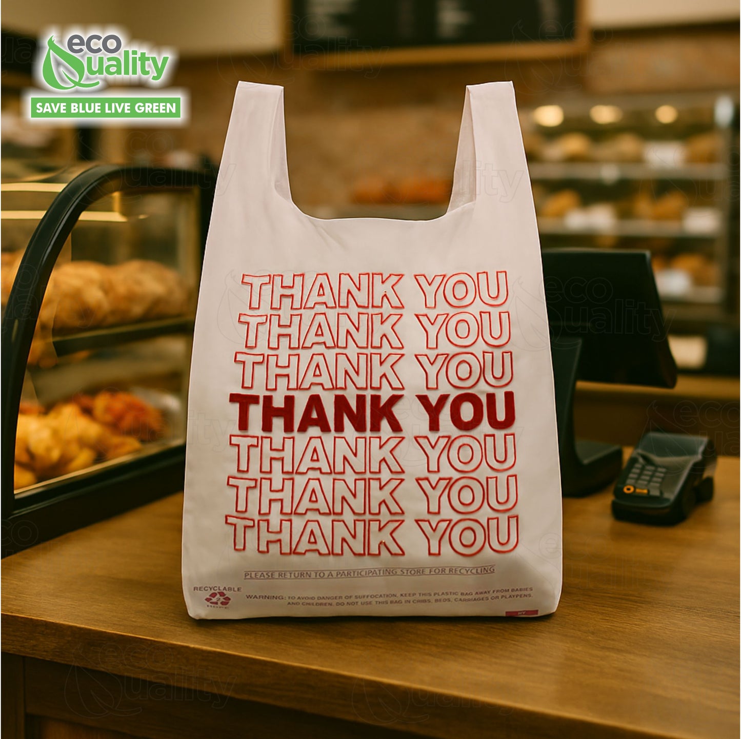 Medium 1/ 8 Plastic White Thank You T-Shirt Bags, 17" x 6" Reusable Recyclable Shopping Bags