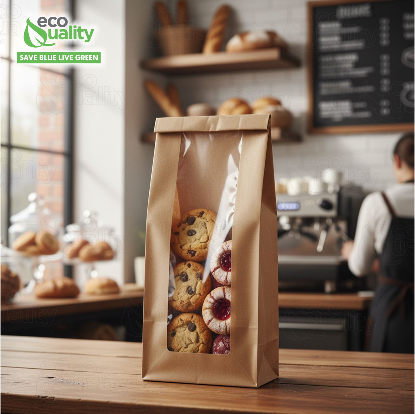 Brown Kraft Bakery Bag with Clear Window 8.7 x 4.7 inches for Cookies, Pastries, Sandwich, Nuts - Grease Resistant