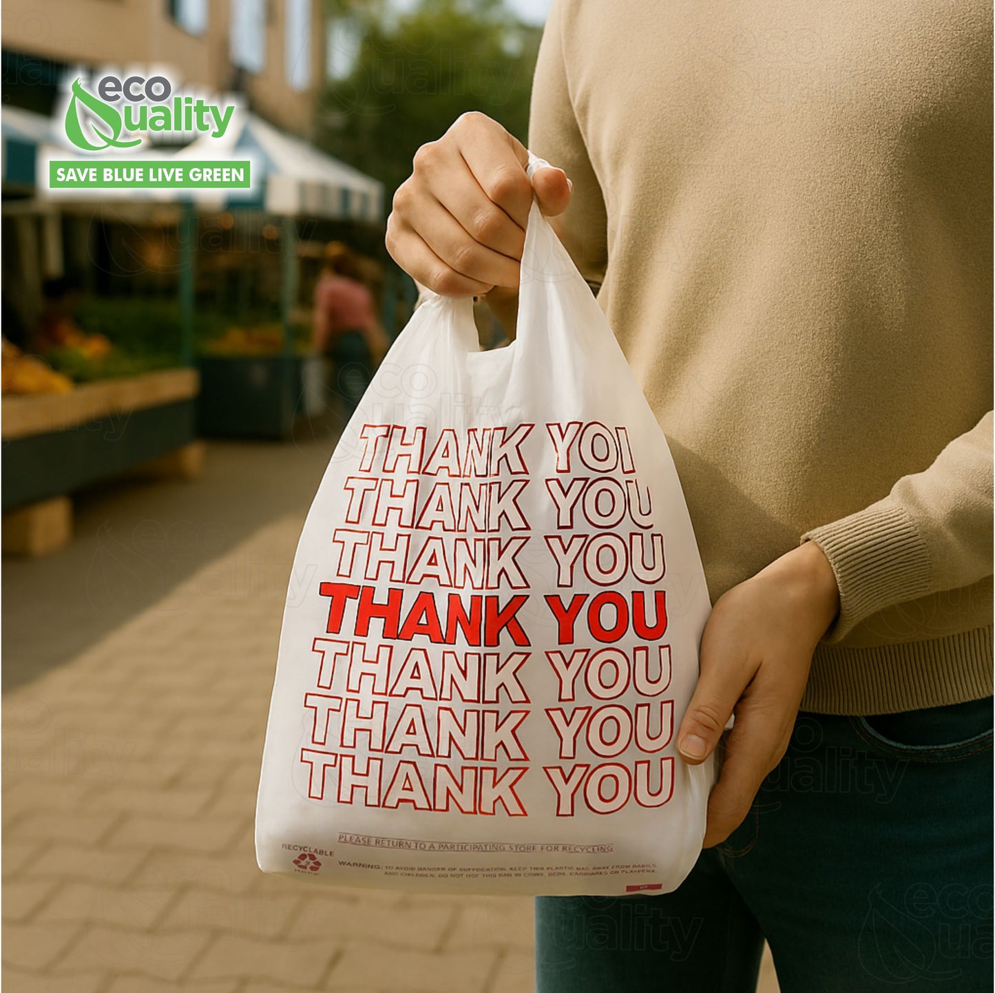 Medium 1/ 8 Plastic White Thank You T-Shirt Bags, 17" x 6" Reusable Recyclable Shopping Bags