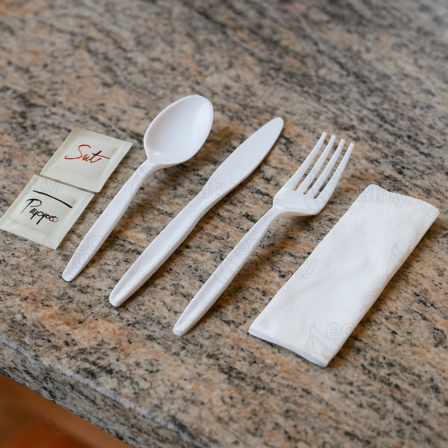 Disposable Plastic Wrapped Cutlery Kit 6 in 1 - Fork/Spoon/Knife/Napkin/Salt/Pepper