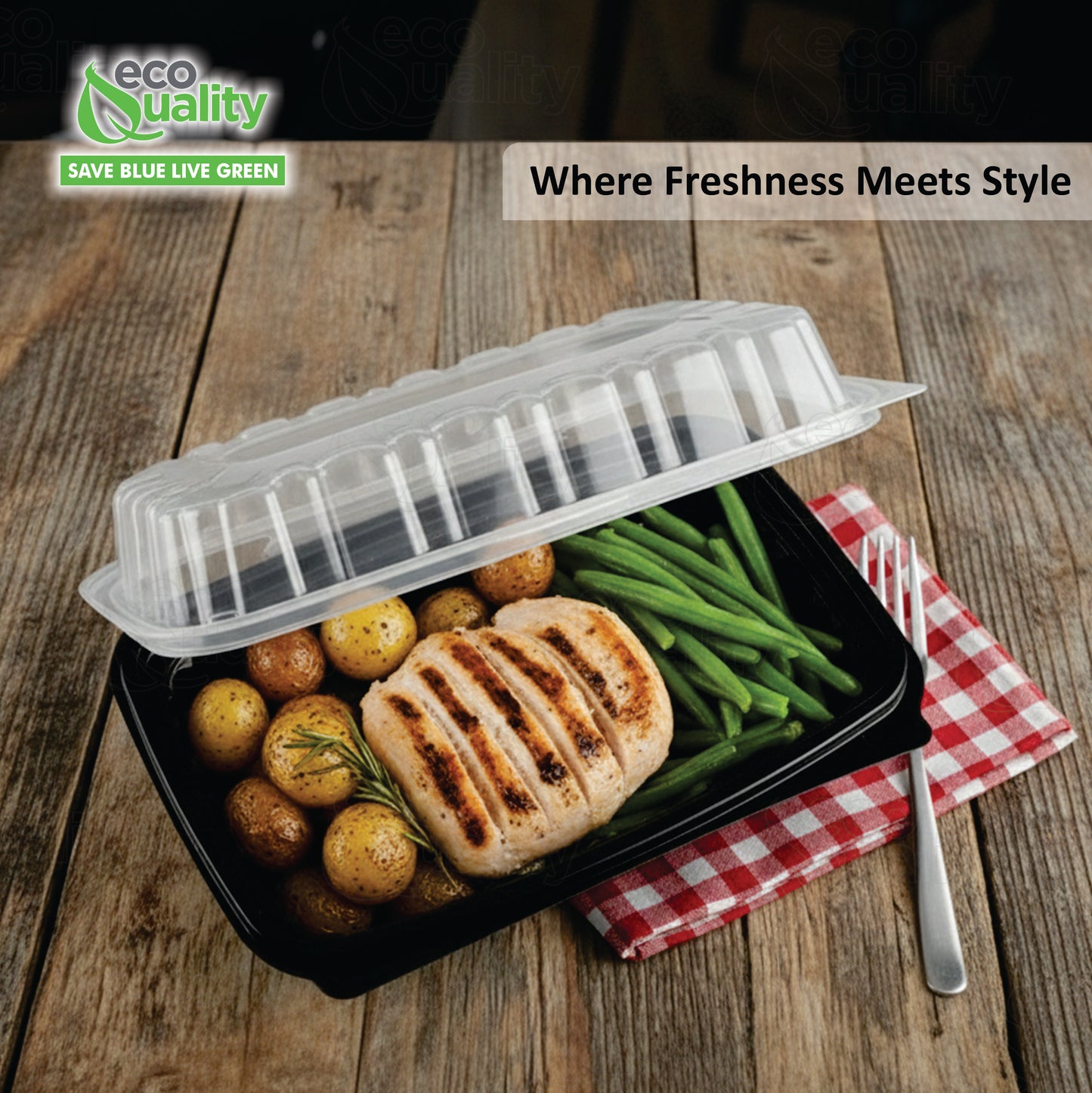 26oz 9x6x3 Clamshell Plastic Food Container Black Base Clear Lid
