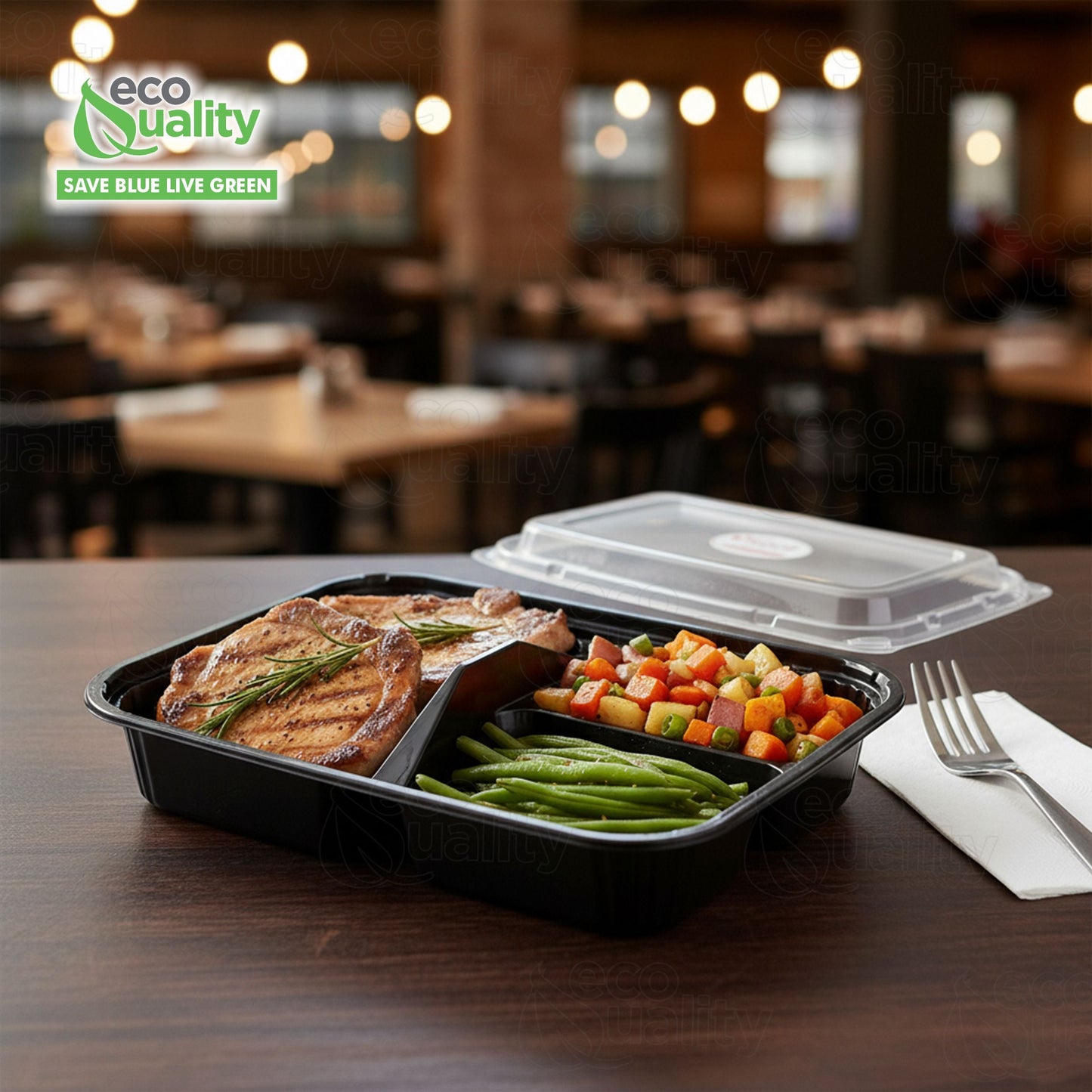 3 Compartment Black Disposable Container Meal Prep Bento Box with Lids