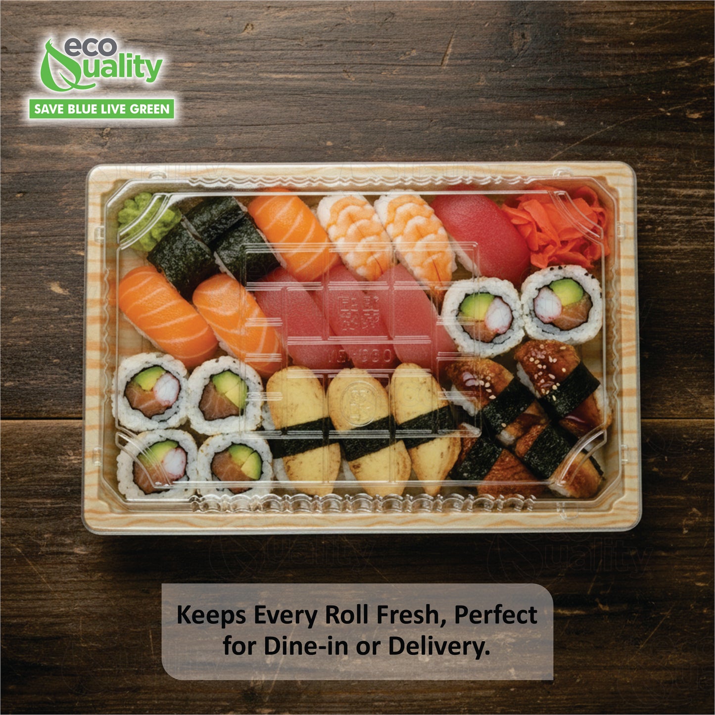 Rectangular bamboo look sushi container with clear plastic lid for takeout