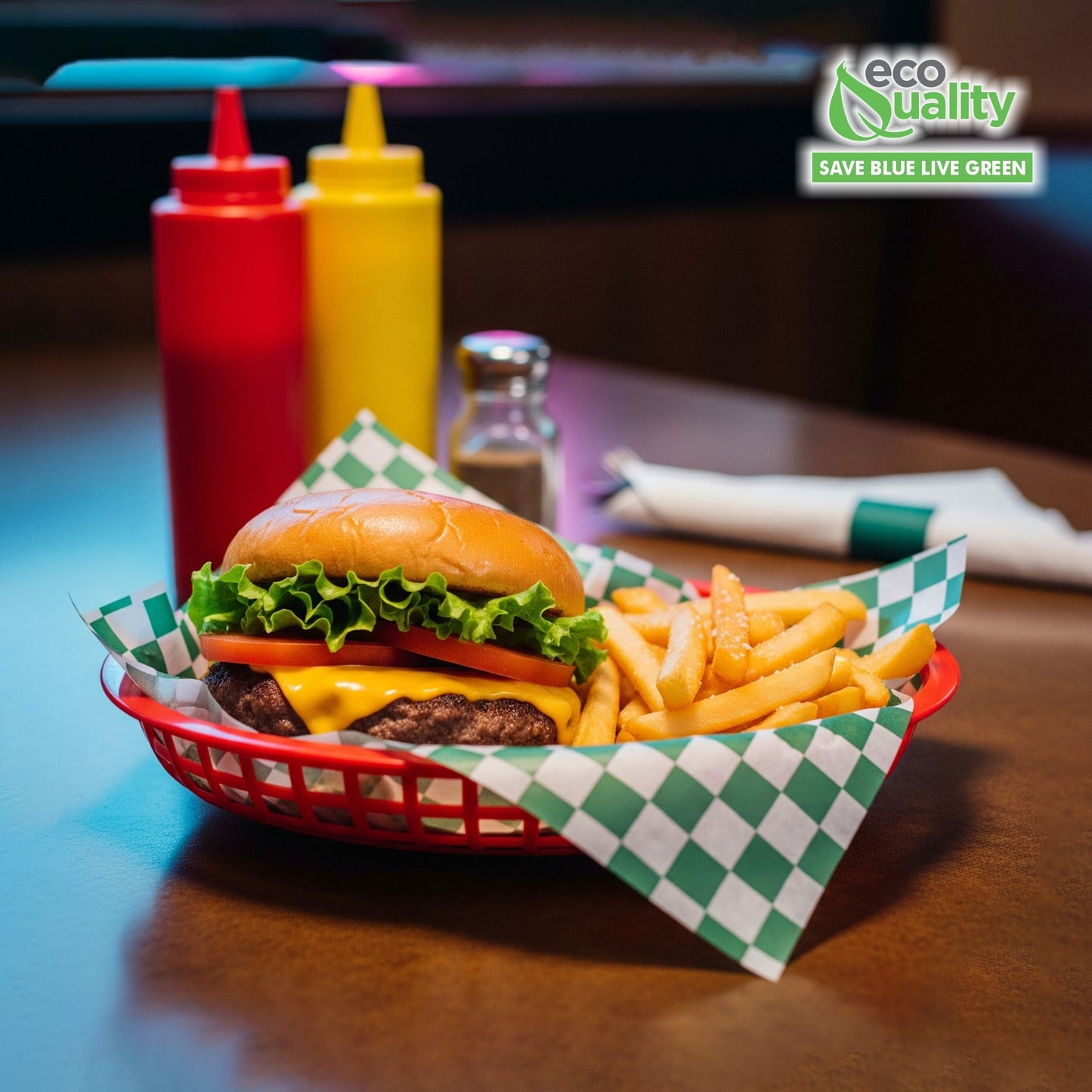 Green checkerboard food basket liner sheets grease resistant 12x12