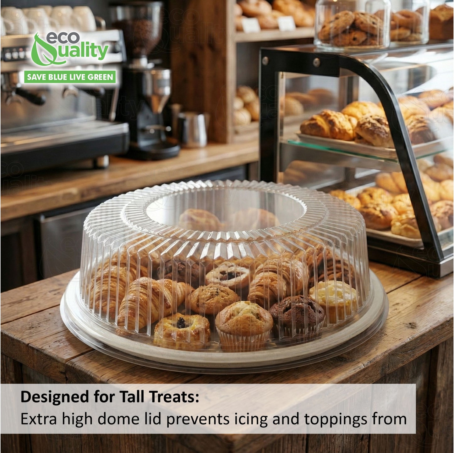 Round twelve inch sugarcane bagasse catering tray with clear plastic dome lid for food display