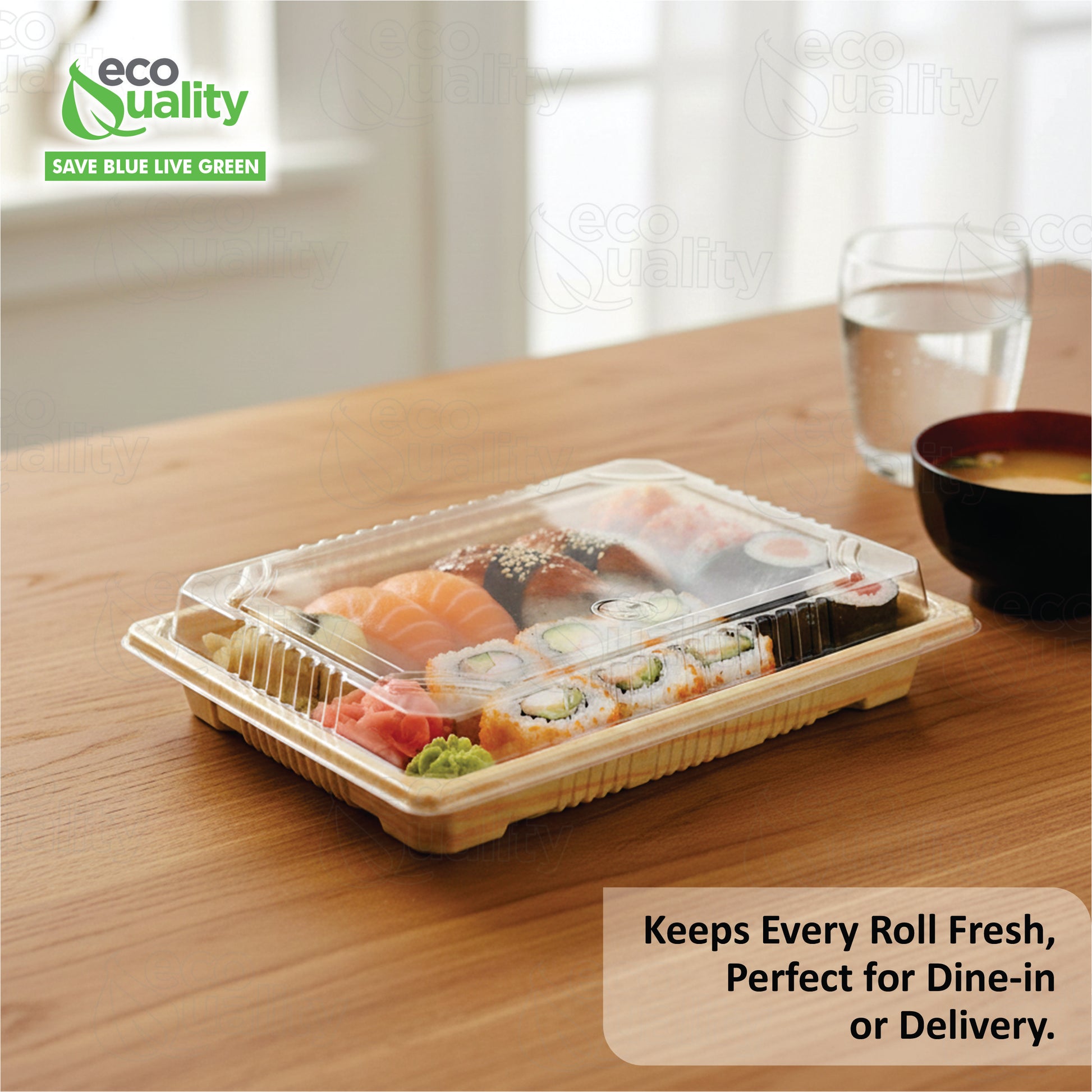 Rectangular bamboo look sushi container with clear plastic lid for takeout