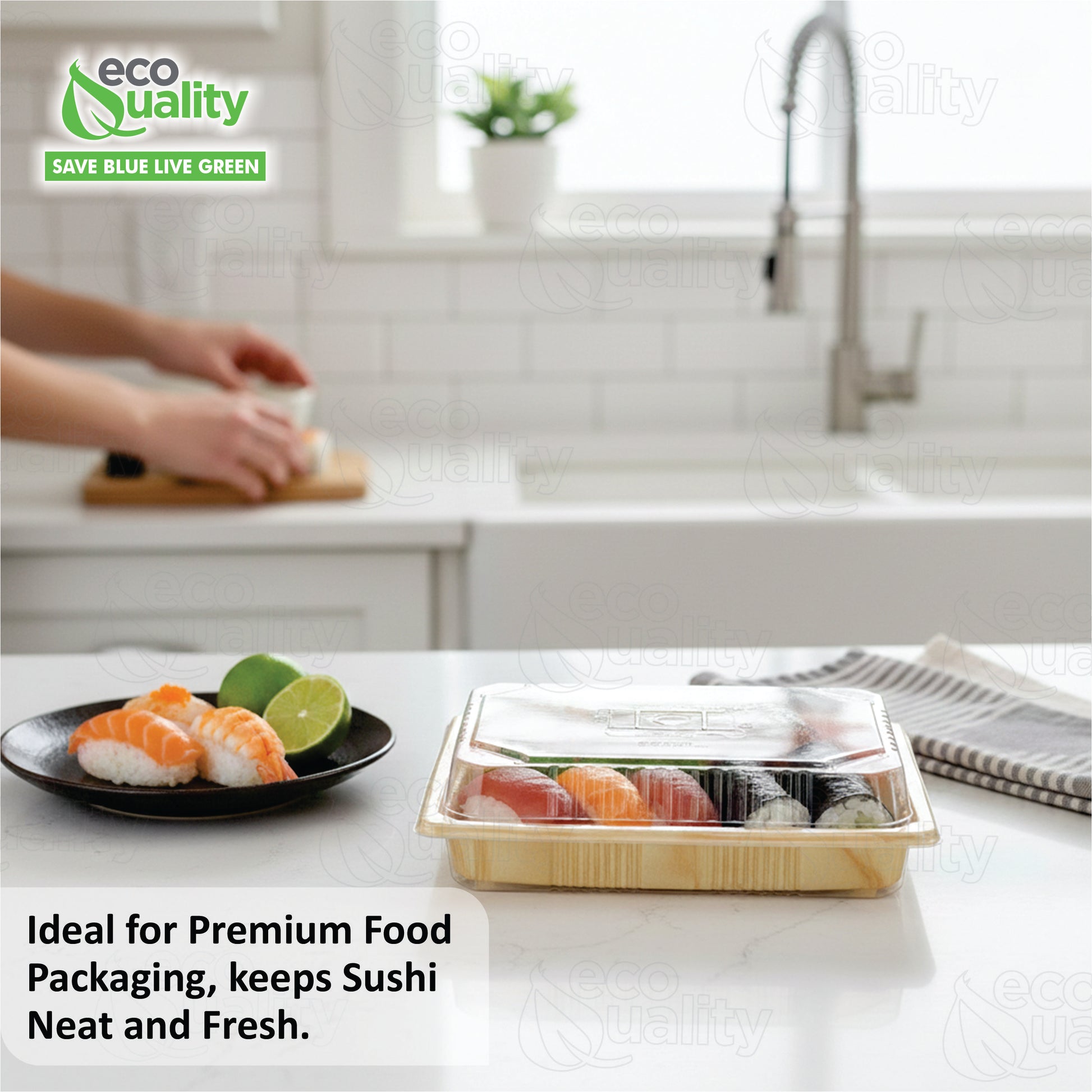 Rectangular bamboo look sushi container with clear plastic lid for takeout