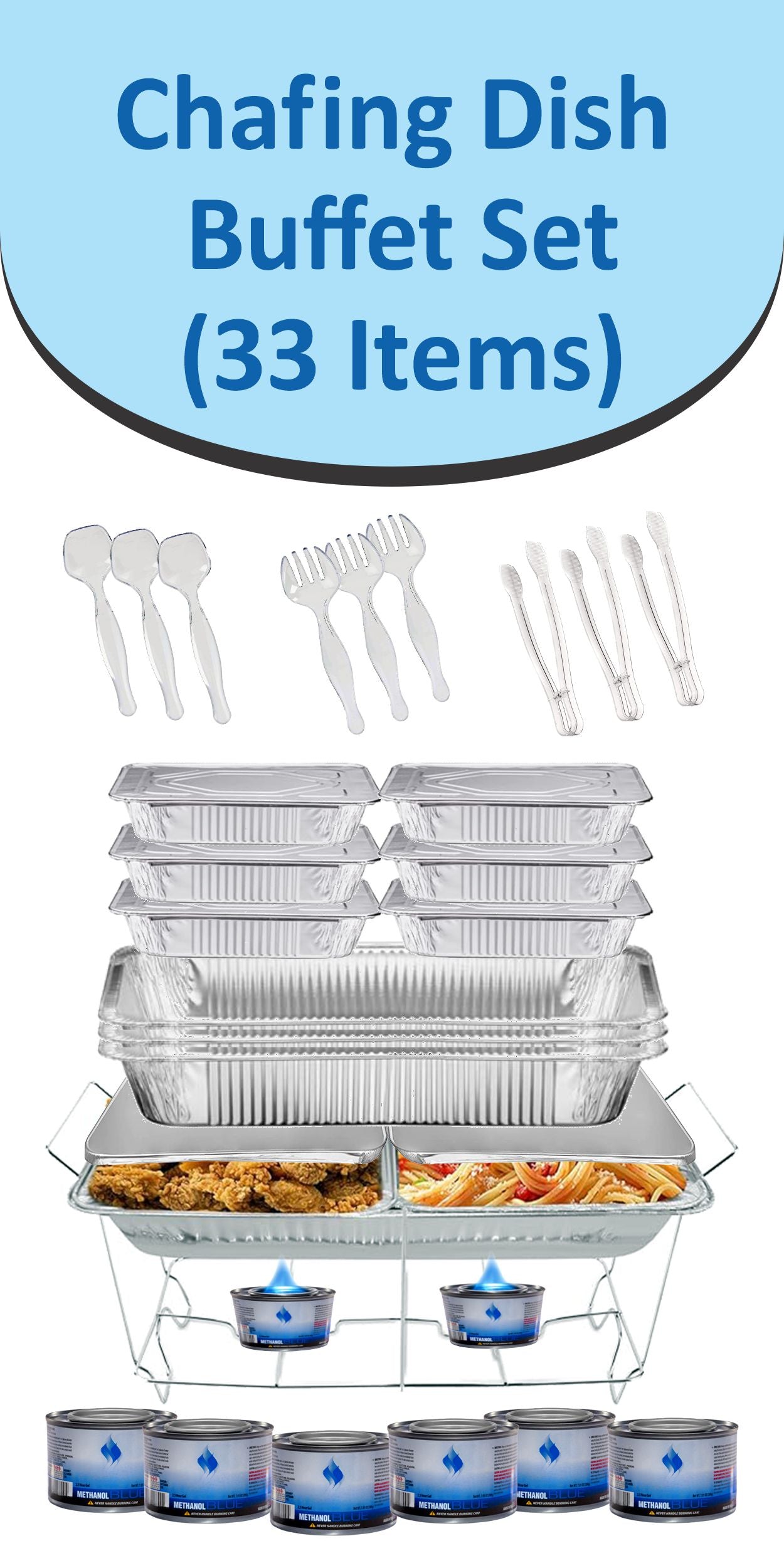 disposable chafing dish set buffet catering kit full size pans half size pans aluminum food warmers lids serving utensils fuel cans wire racks party supplies event catering food presentation professional buffet setup weddings birthdays corporate BBQ gatherings family events serving tools durable materials heavy duty food grade heat resistant disposable convenient easy cleanup