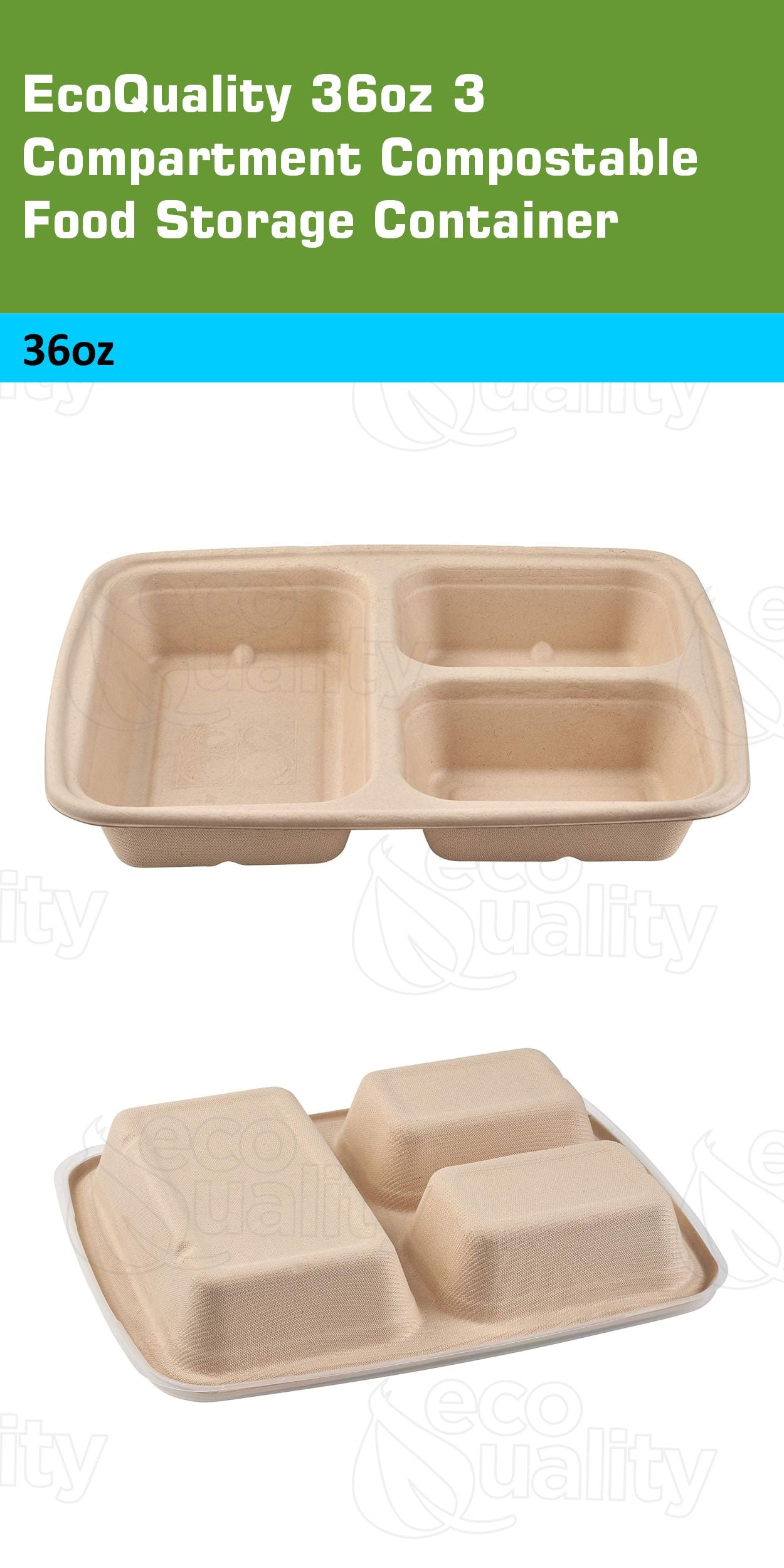 36oz 3 Compartment Compostable Food Storage Container