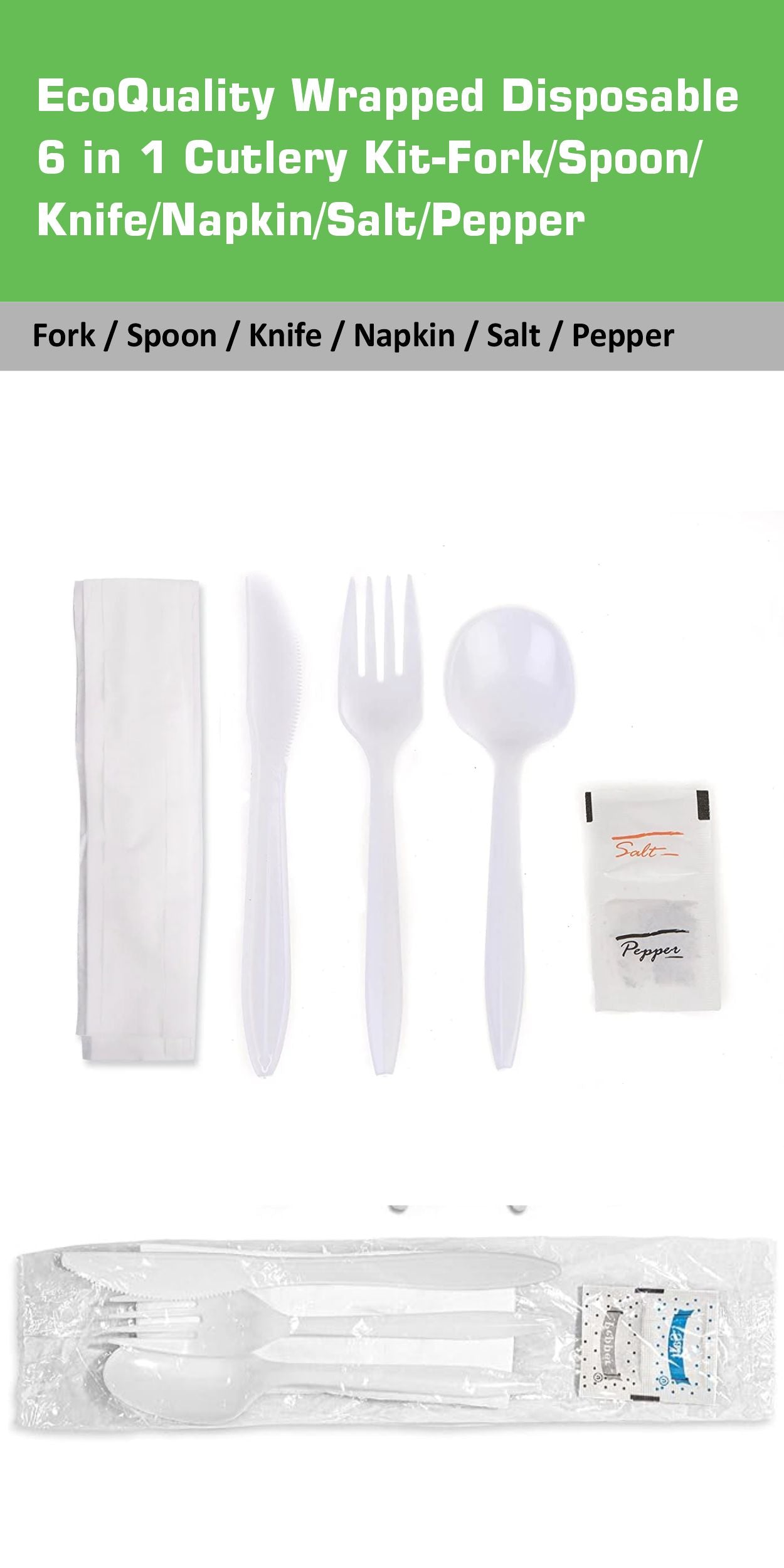 Disposable Plastic Wrapped Cutlery Kit 6 in 1 - Fork/Spoon/Knife/Napkin/Salt/Pepper