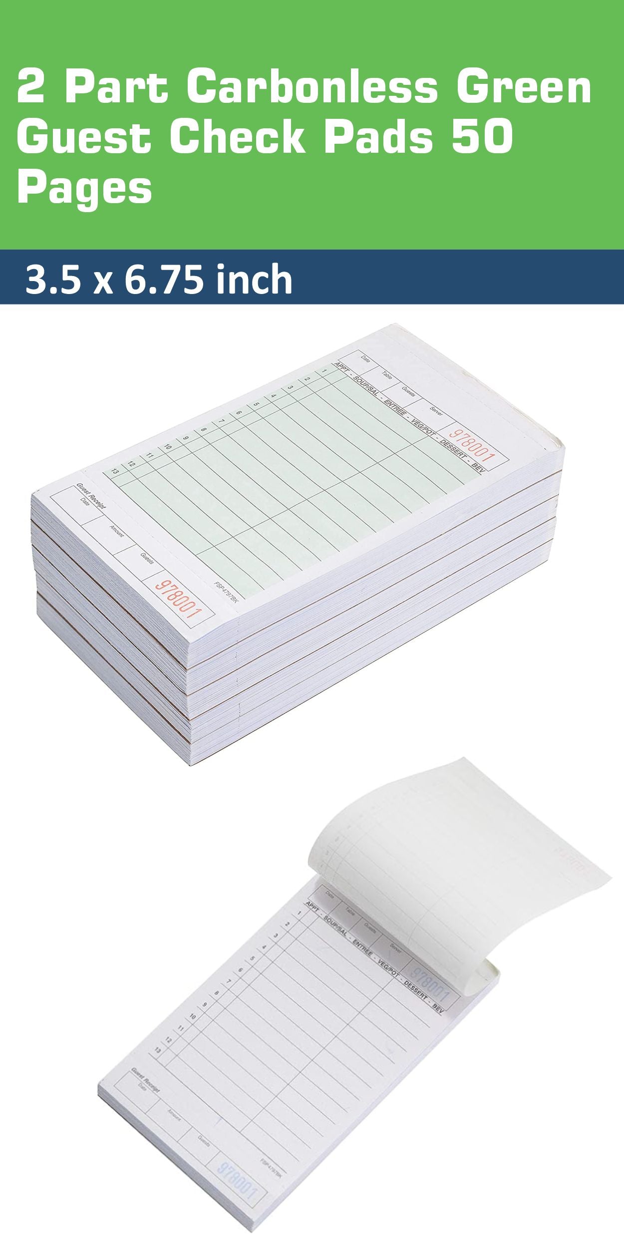 Green Guest Check Pads 2 Part Carbonless - 50 Pages per Server Pad - Notepad for Waiter, Waitress and Restaurants Server Book (4.2 x 7.2 inches)