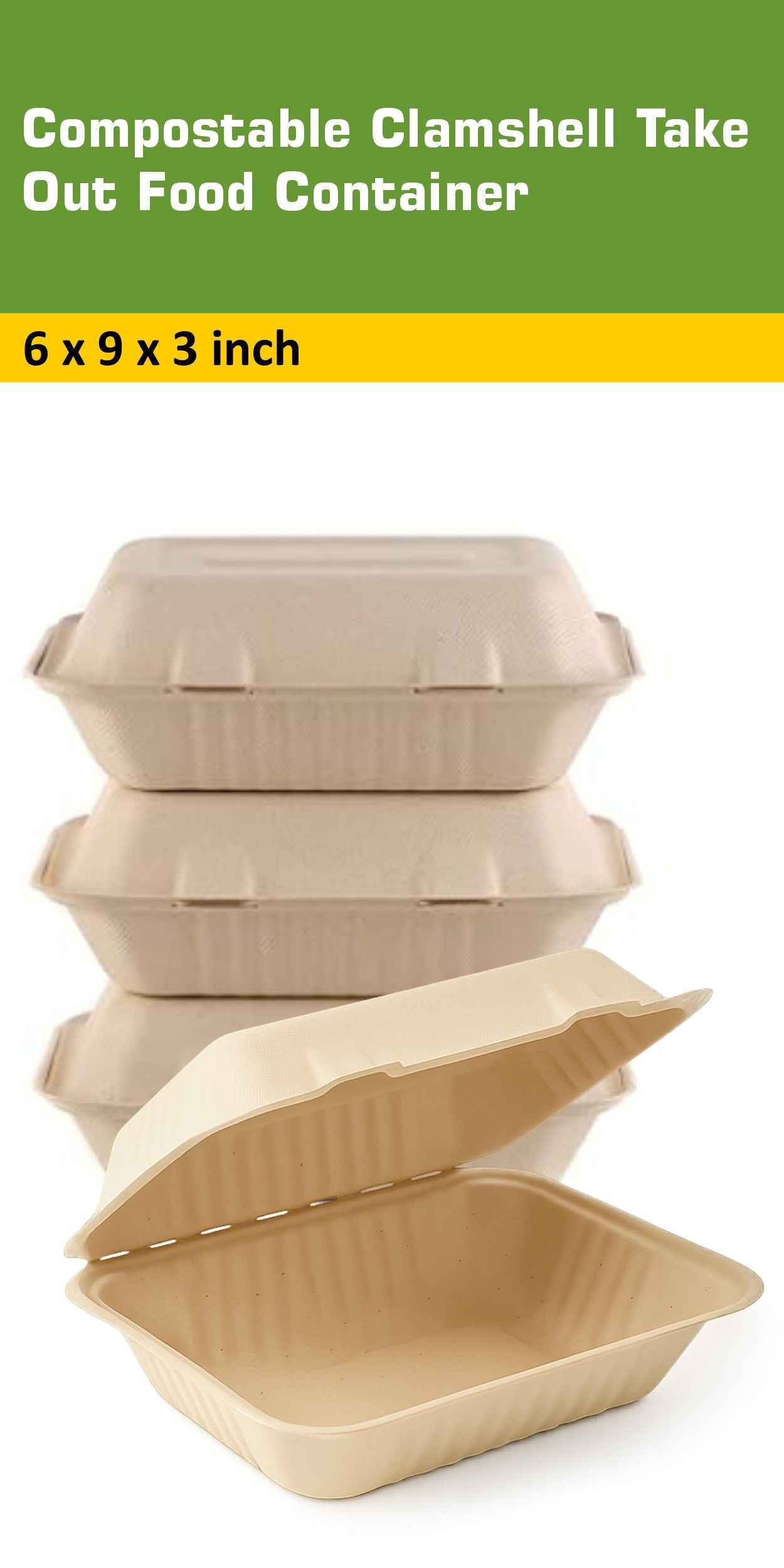 Compostable Clamshell Take Out Food Container 6x9x3