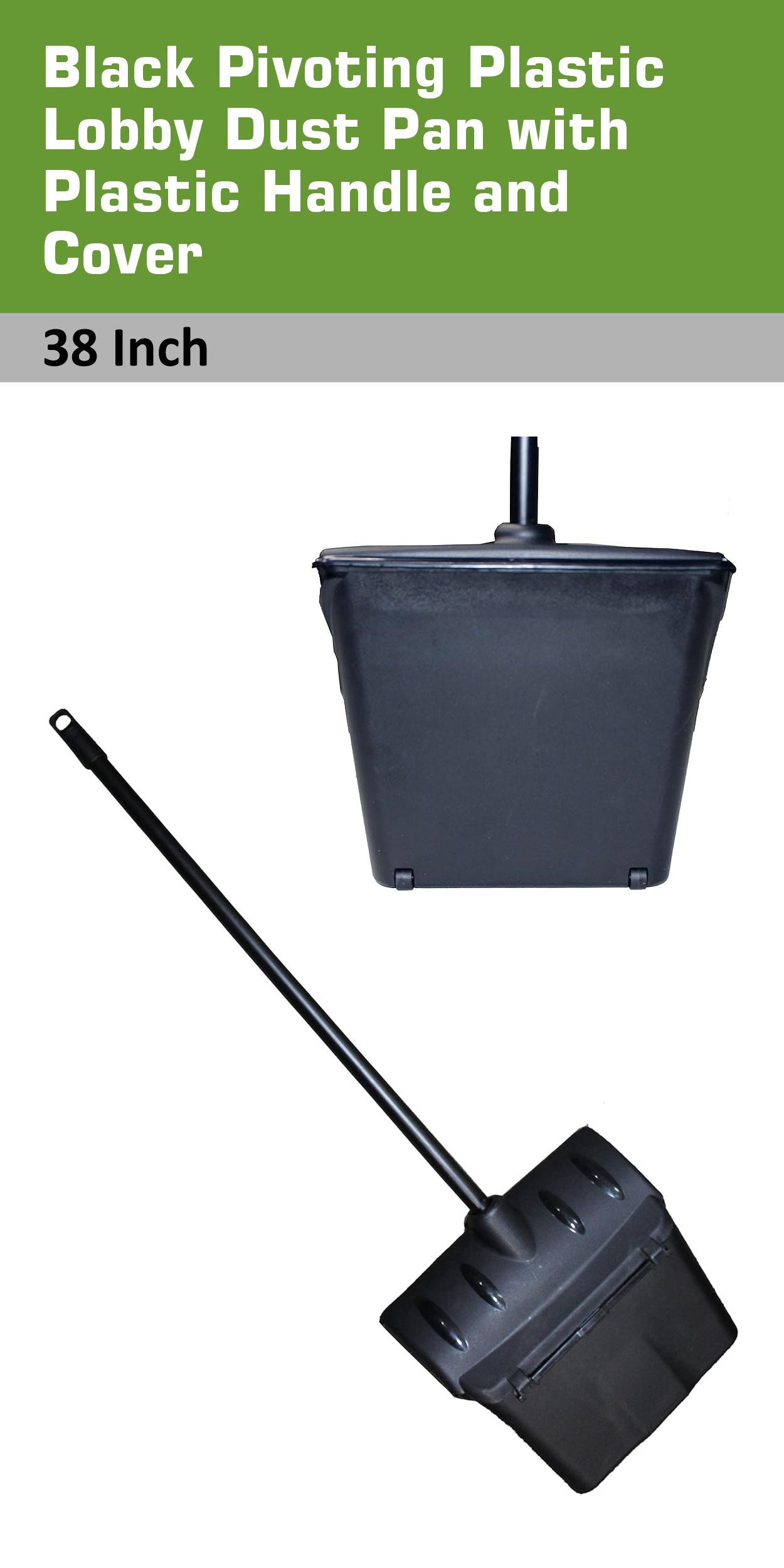 Pivoting Plastic Lobby Dust Pan with Plastic Handle with Cover 38" Length Black