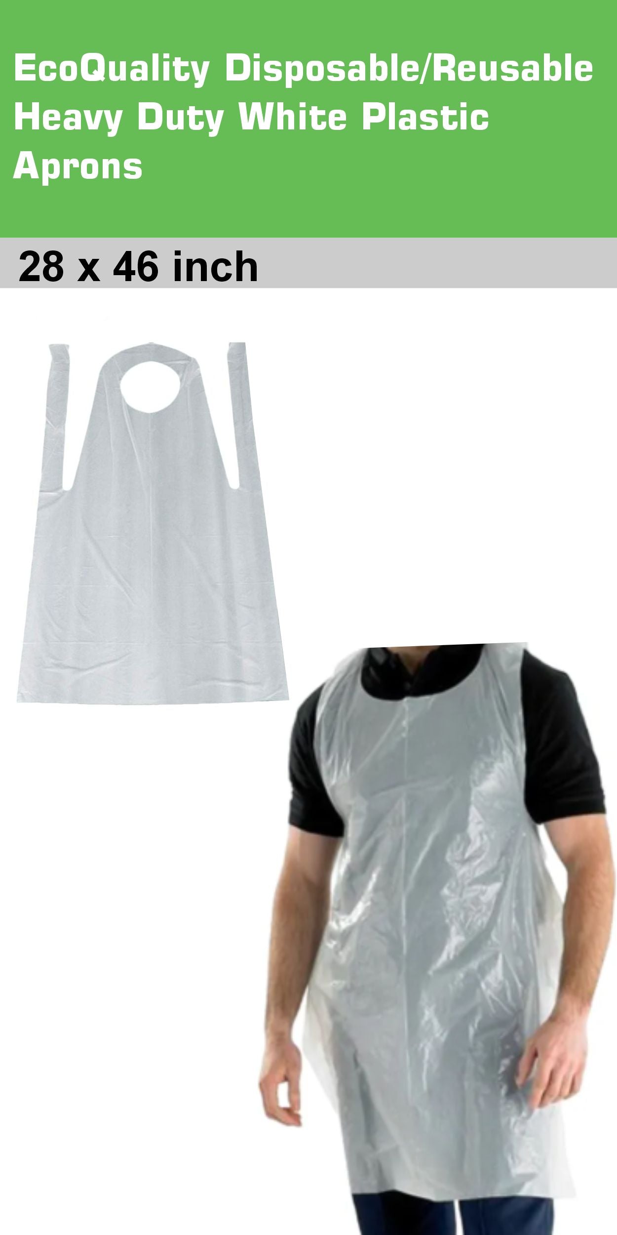 EcoQuality Disposable/Reusable White Plastic Aprons 28" x 46" Durable, Heavy, Waterproof Polyethylene, for Cooking, Painting, Gardening, Men & Women