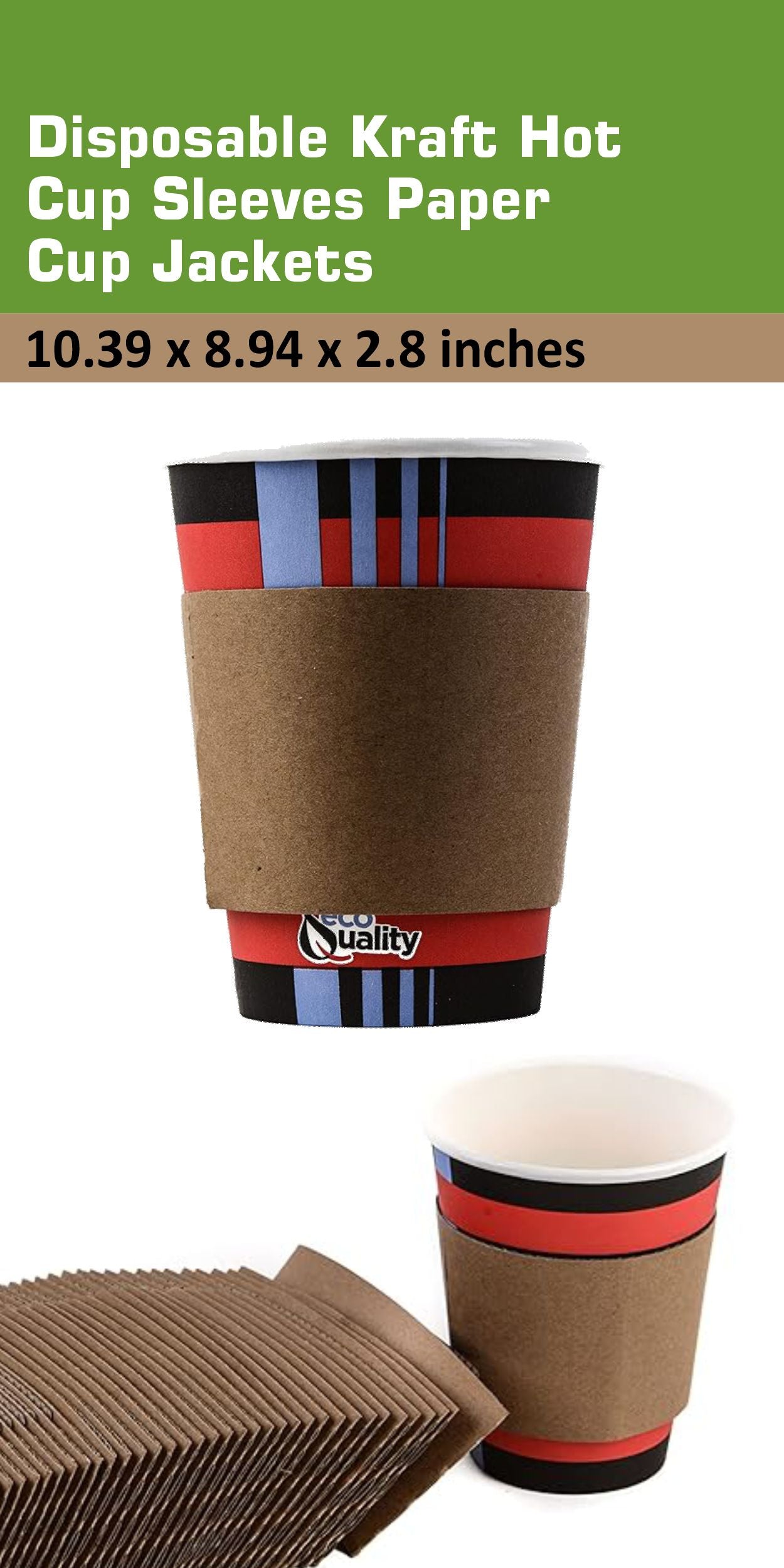 Disposable Kraft Hot Cup Sleeves Paper Cup Jackets - Corrugated Coffee Cup Sleeves - Recyclable, Compostable - Fits most 10oz, 12oz, 16oz, 20oz