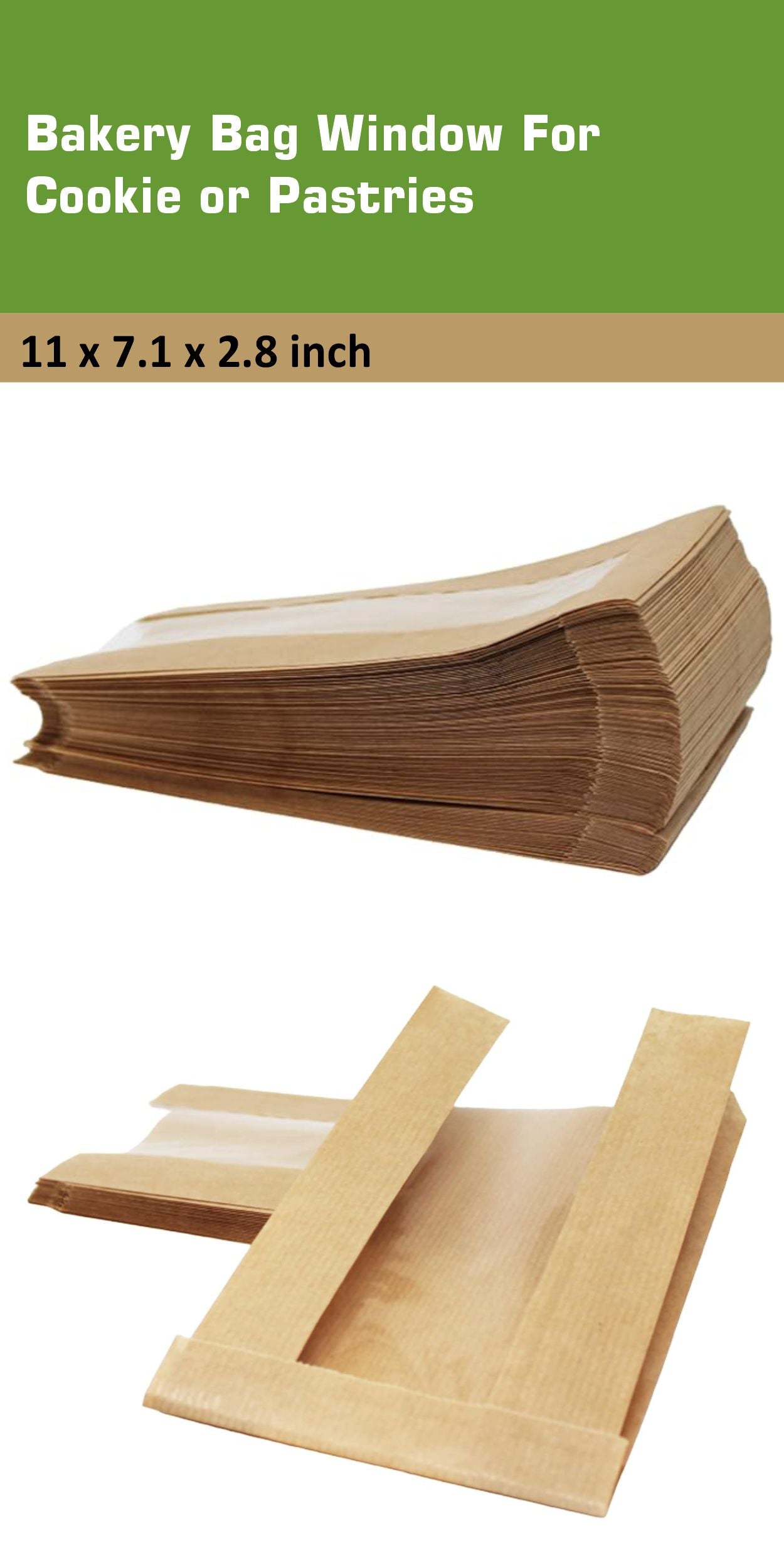 Brown Kraft Bakery Bag with Clear Window 11 x 7.1 inches for Cookies, Pastries, Sandwich, Nuts - Grease Resistant