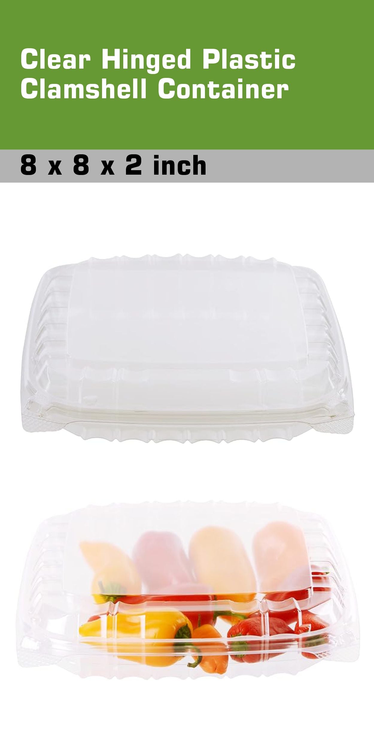 8" x 8" x 3" Clear Hinged Lid Clamshell Plastic Container, Single Compartment Take out Containers