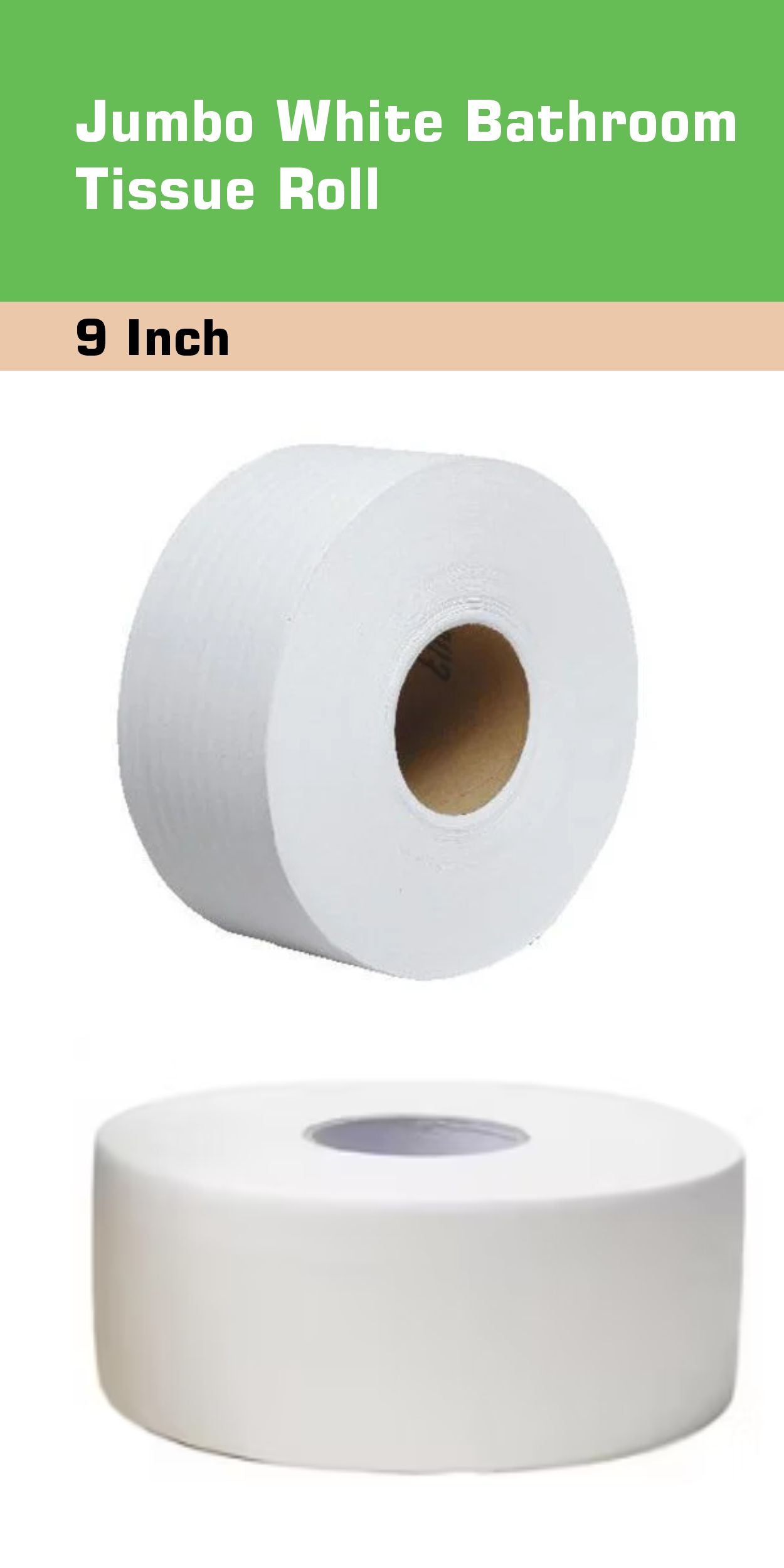 9" Diameter Toilet Paper Jumbo Roll Bathroom Tissue - 2-Ply White 1000 Feet Per Roll
