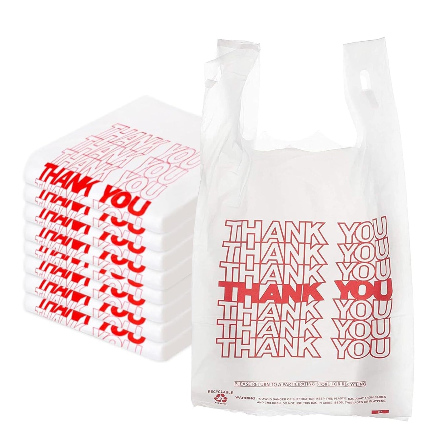 Medium 1/ 8 Plastic White Thank You T-Shirt Bags, 17" x 6" Reusable Recyclable Shopping Bags