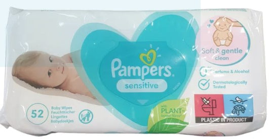 Pampers Baby Wipes Sensitive, 52 ct, gentle and soft wipes for babies’ delicate skin, ideal for diaper changes and everyday clean-ups.