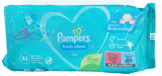 Pampers Baby Wipes Fresh Clean, 52 ct, gentle and soft wipes for babies, ideal for diaper changes and quick clean-ups.