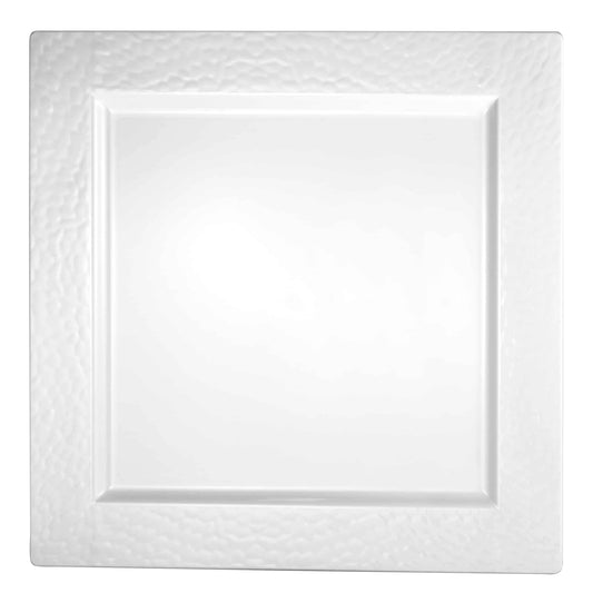 A stylish 12" pebbled square tray with clear and pearl tones, featuring a textured surface, perfect for elegantly serving appetizers, desserts, or drinks at events and gatherings.