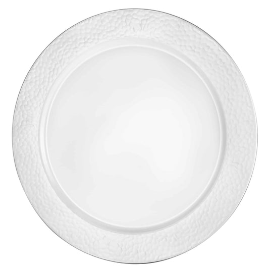 A beautiful 13.5" pebbled round tray featuring clear and pearl tones with a textured surface, ideal for serving appetizers, desserts, or drinks at gatherings and events.