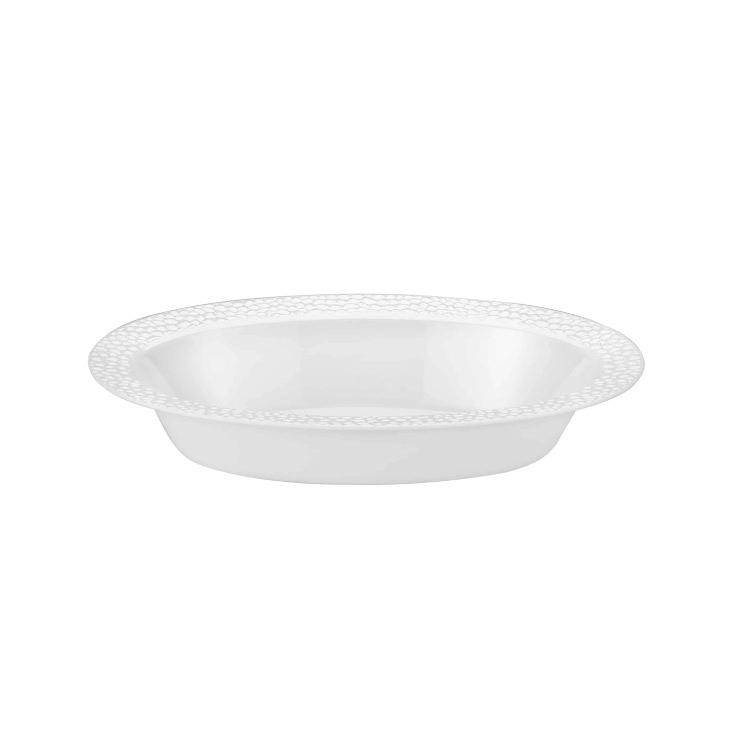 A stylish 15 oz. pebbled oval bowl in clear and pearl tones with a textured surface, perfect for serving salads, fruits, desserts, or snacks at dining tables and events.