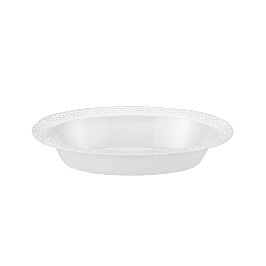 A stylish 15 oz. pebbled oval bowl in clear and pearl tones with a textured surface, perfect for serving salads, fruits, desserts, or snacks at dining tables and events.
