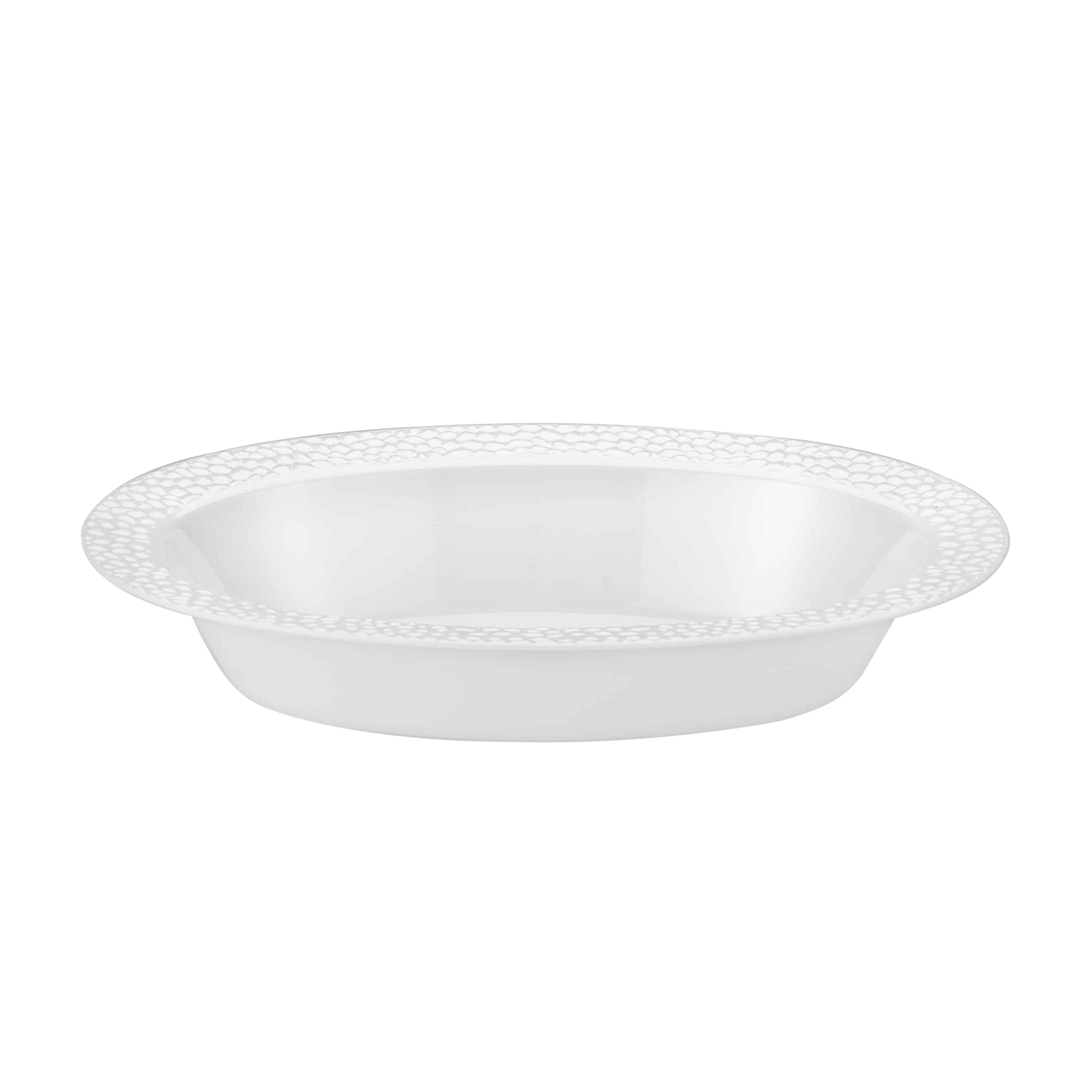 A stylish 32 oz. pebbled oval bowl with clear and pearl tones, featuring a textured surface, ideal for serving salads, fruits, or snacks at family meals or special events.